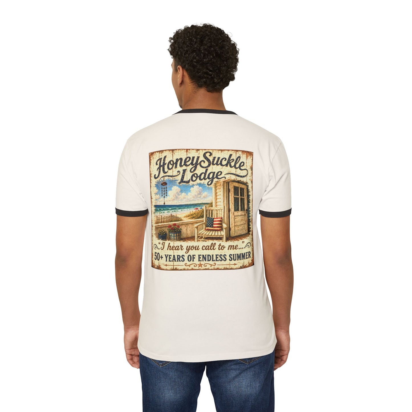 Happy 250th America Ringer T‑Shirt — Honeysuckle Lodge Vintage Beach Graphic