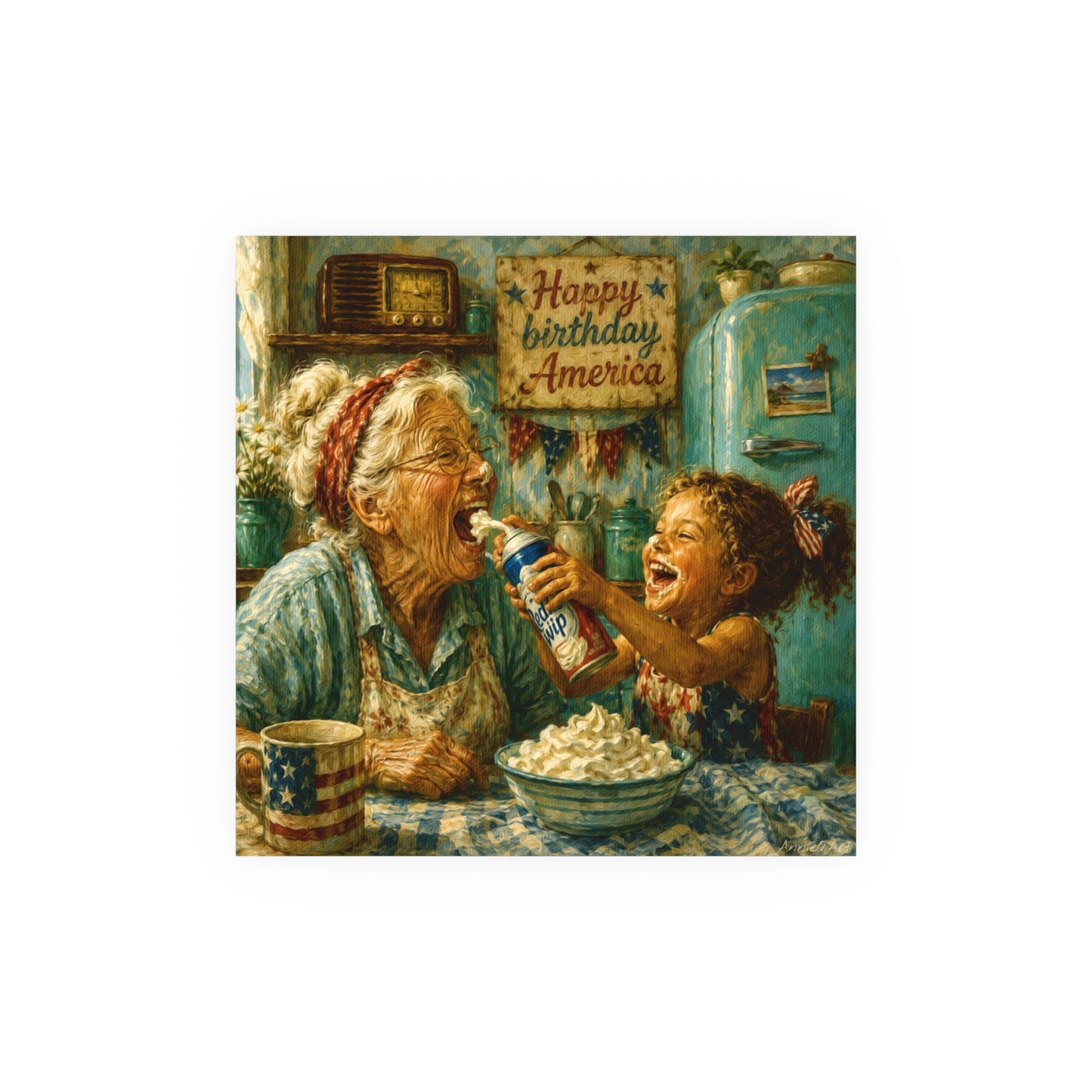 Happy Birthday America Poster — Vintage Grandma & Child Kitchen Art (Satin/Matte)