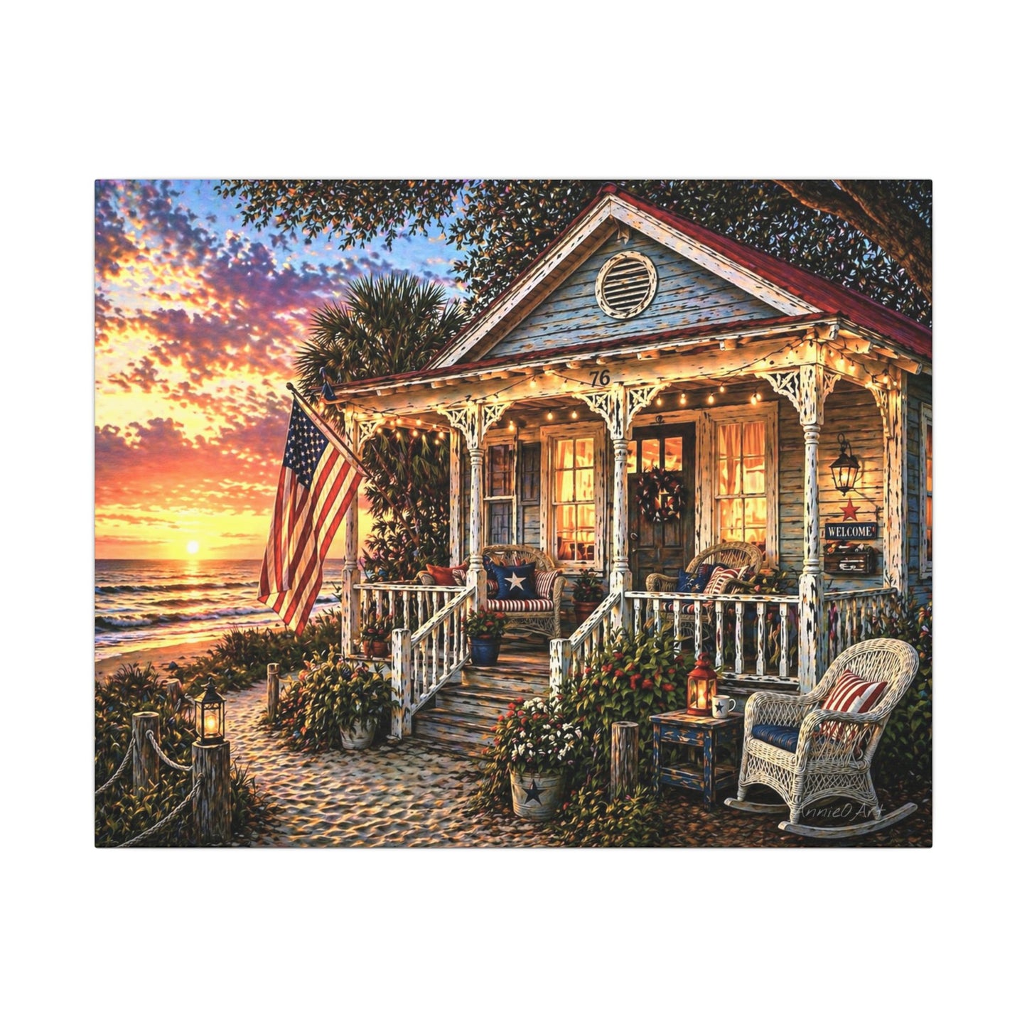 Front Porch America—Patriotic Beach Cottage Canvas Wall Art — Sunset Porch Scene