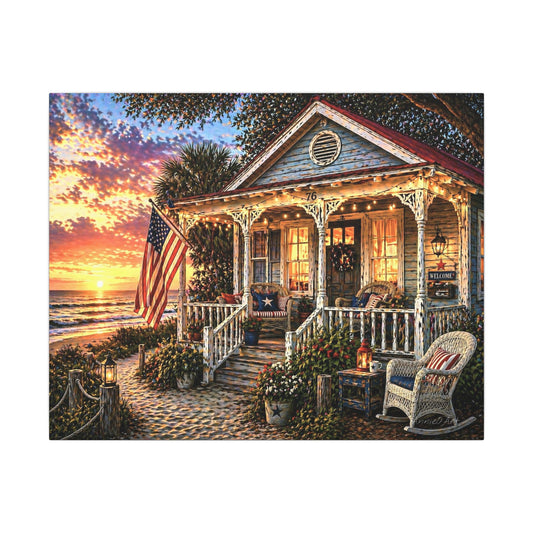 Front Porch America—Patriotic Beach Cottage Canvas Wall Art — Sunset Porch Scene