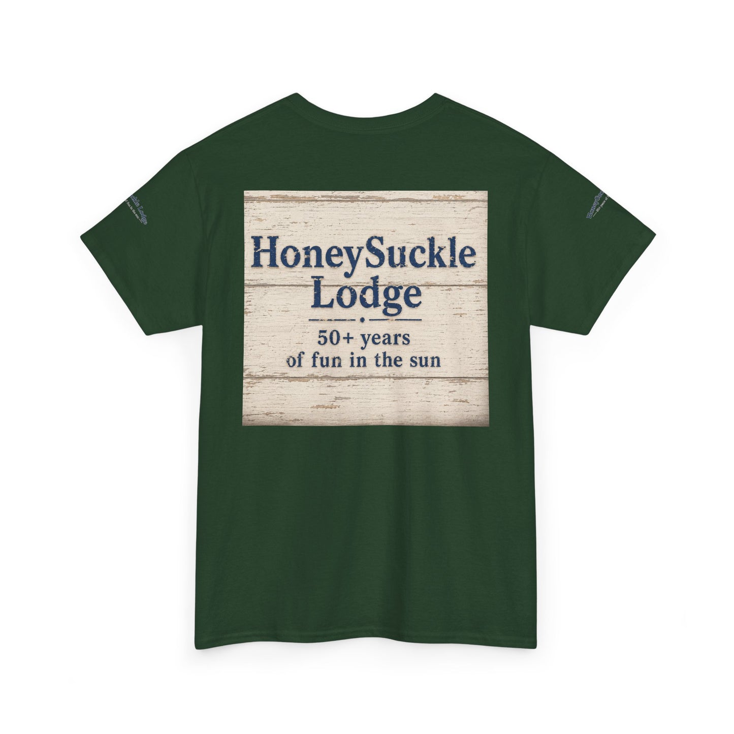 Honeysuckle Lodge Vintage Beach Print tee shirt front/back ("Honeysuckle Lodge - 50+ years of fun in the sun")