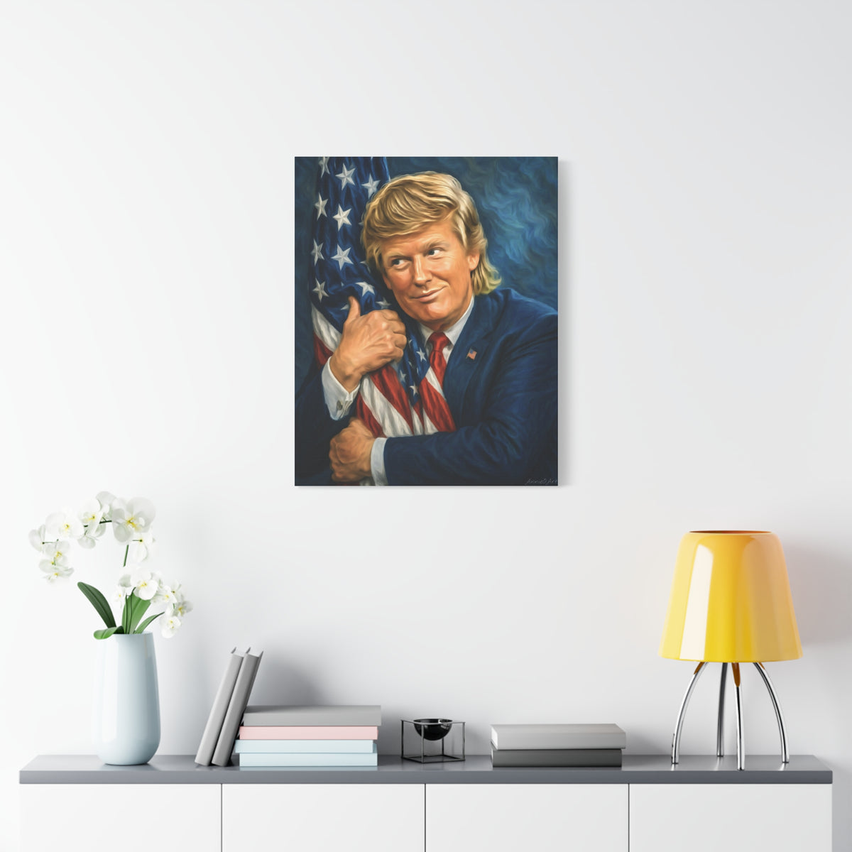Trump Hugging American Flag— Portrait Canvas