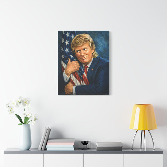 Trump Hugging American Flag— Portrait Canvas