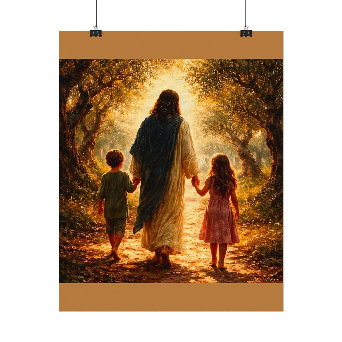Jesus Walking with Children Watercolor Poster — Textured Matte Wall Art