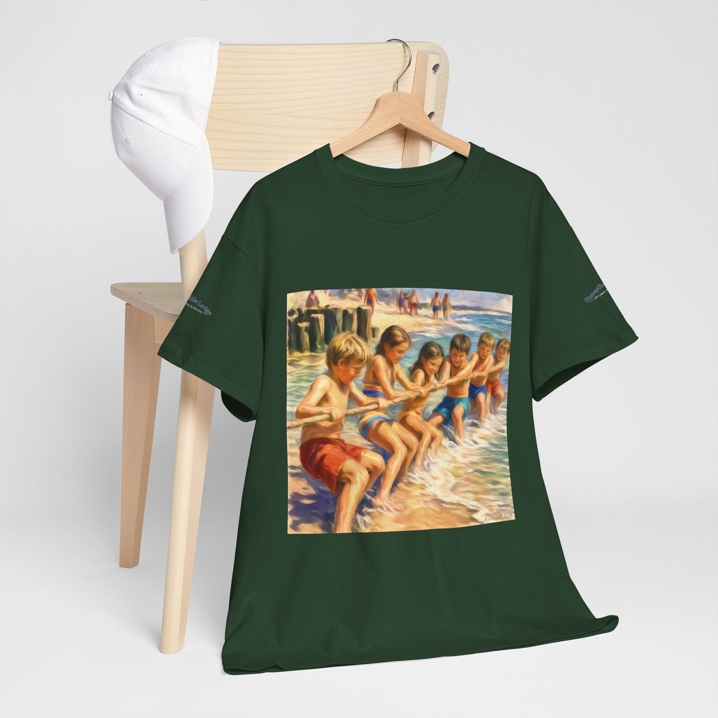 Honeysuckle Lodge Vintage Beach Print tee shirt front/back ("Honeysuckle Lodge - 50+ years of fun in the sun")