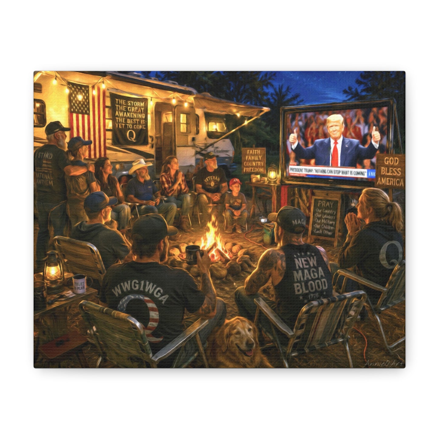 God Bless America—Campfire Scene Matte Canvas Wall Art - Patriotic RV Gathering with Trump TV—MAGA—WWG1WGA