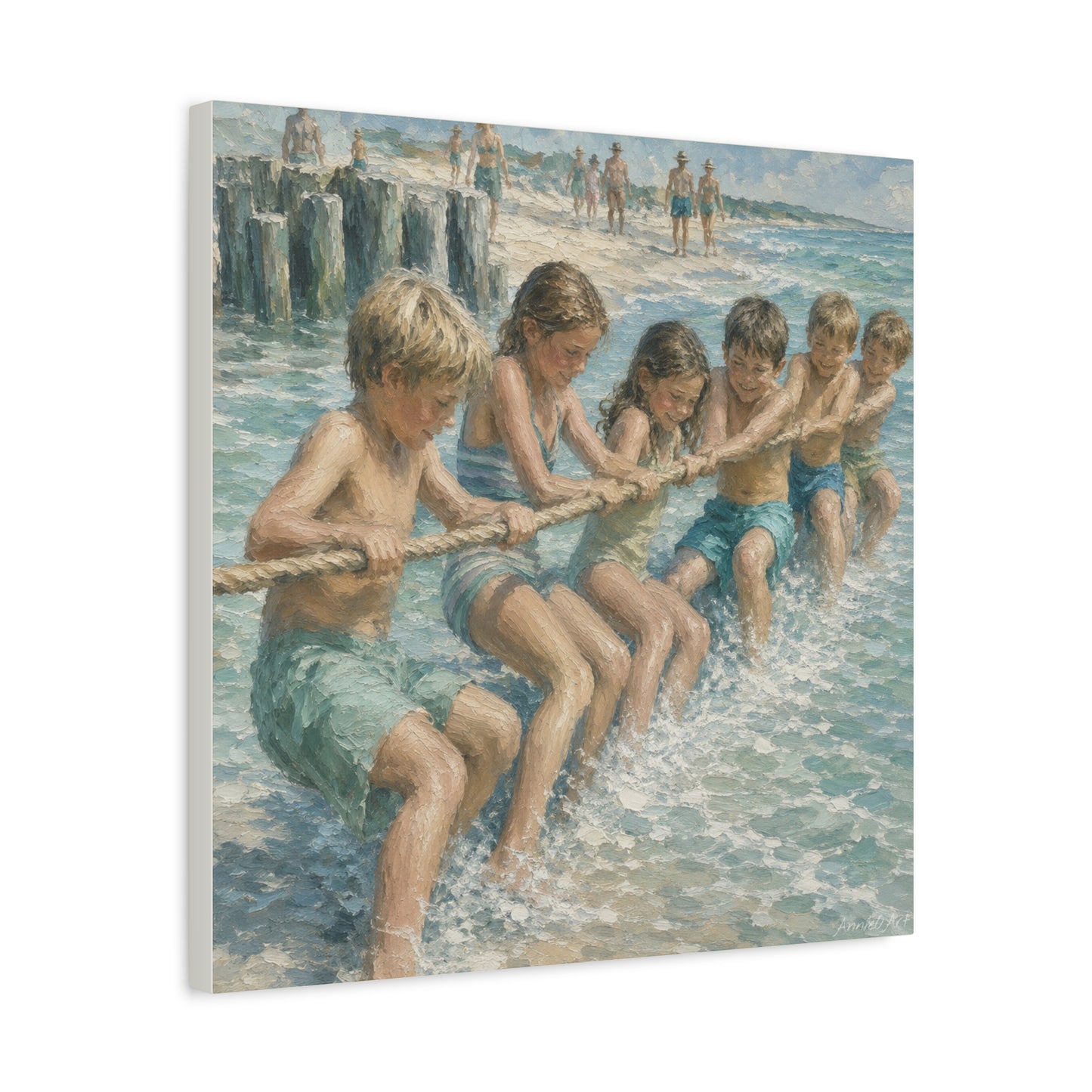 Beach Tug-of-War Matte Canvas Print — Vintage Seaside Children Wall Art