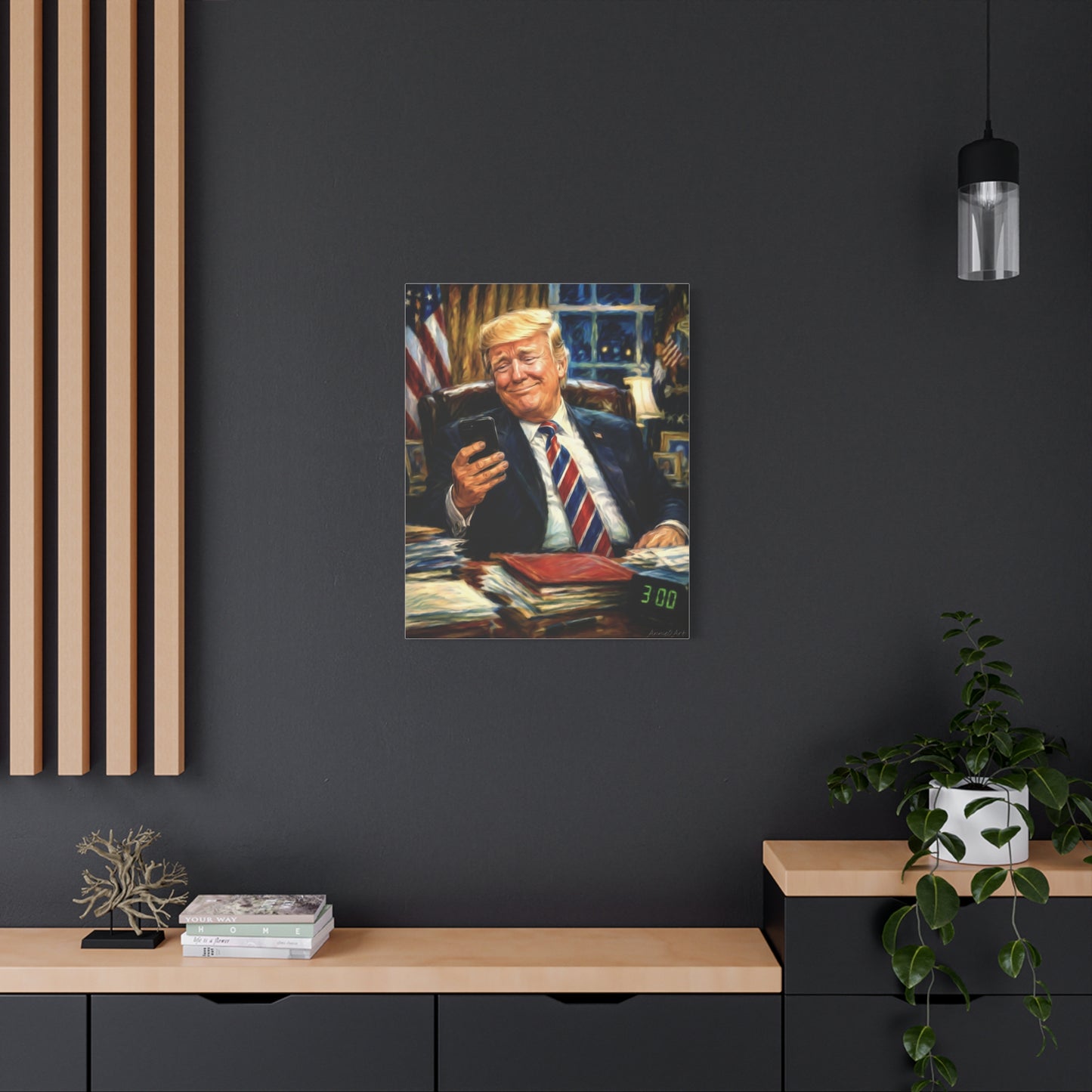 Trump Reading “Keyboard Warrior’ Memes at 3 AM— Patriotic Office Portrait Canvas—