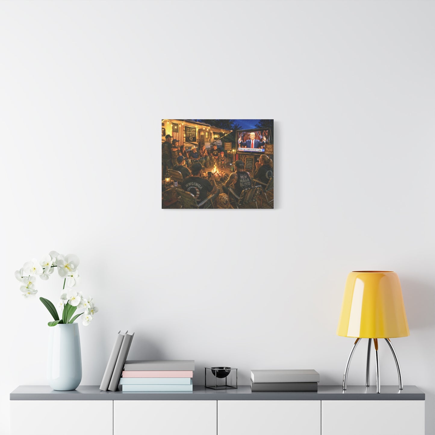 God Bless America—Campfire Scene Matte Canvas Wall Art - Patriotic RV Gathering with Trump TV—MAGA—WWG1WGA