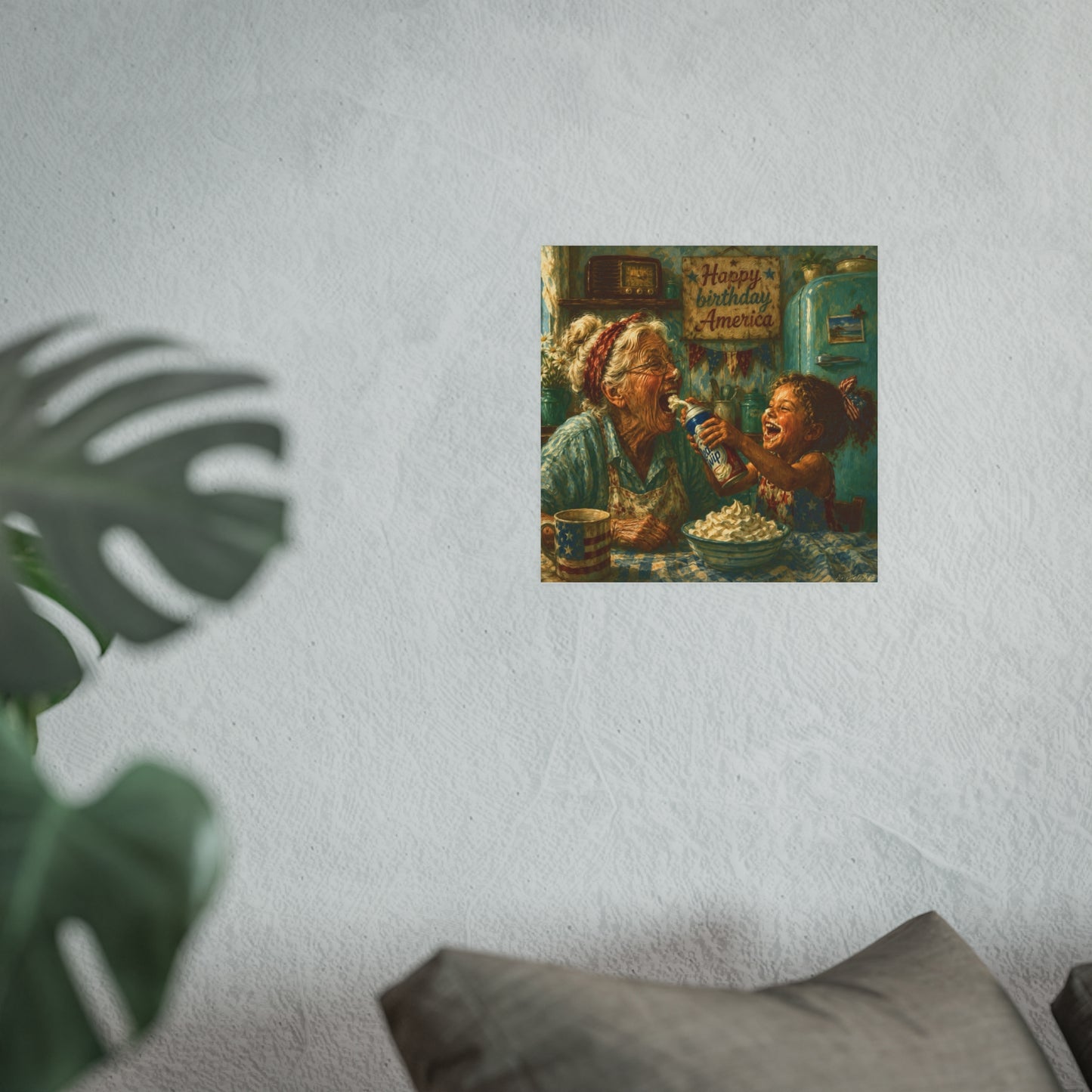 Happy Birthday America Poster — Vintage Grandma & Child Kitchen Art (Satin/Matte)