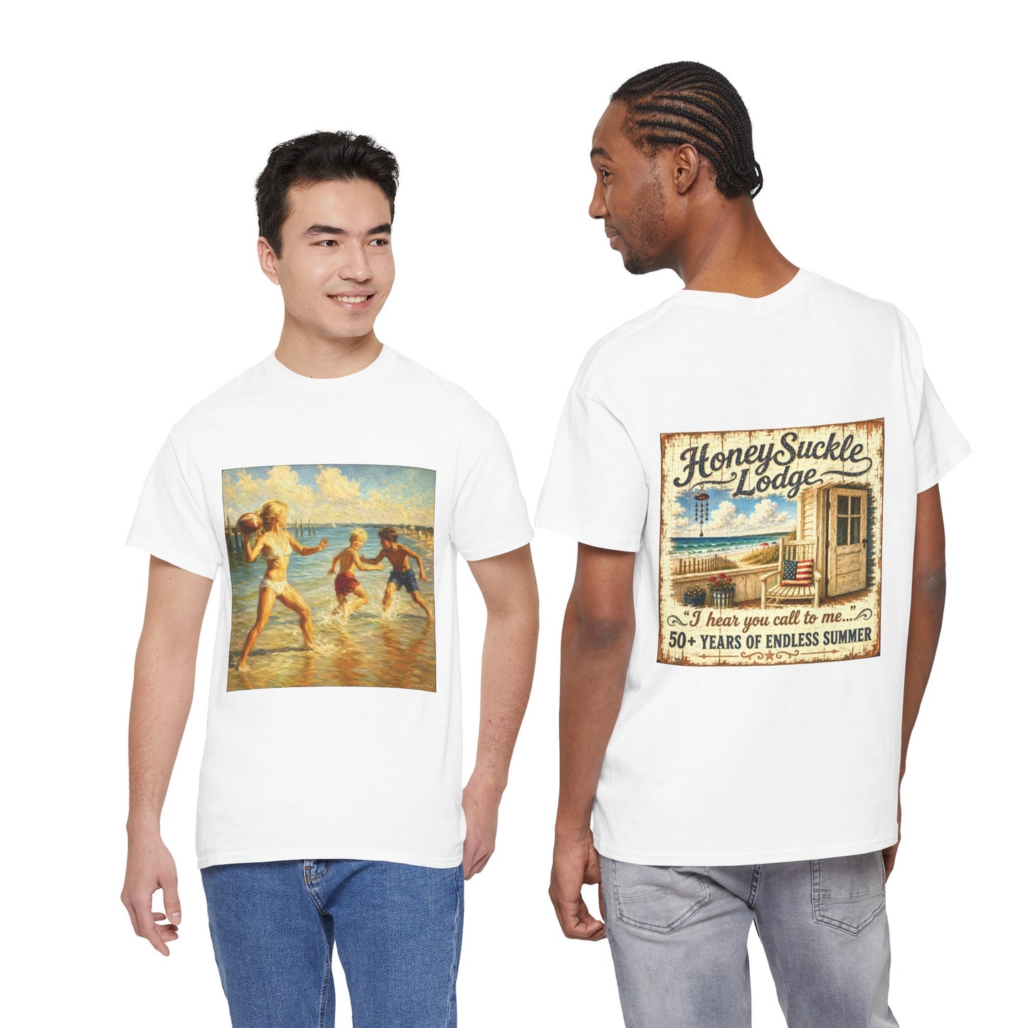 Vintage Beach T‑Shirt — 'Honeysuckle Lodge: 50+ Years of Endless Summer' Retro Seaside Tee