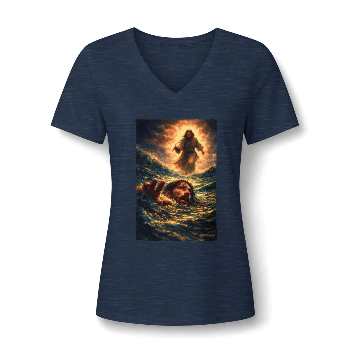 V-Neck Tee -Jesus Saving Peter—Walking on Water Christian Graphic Shirt