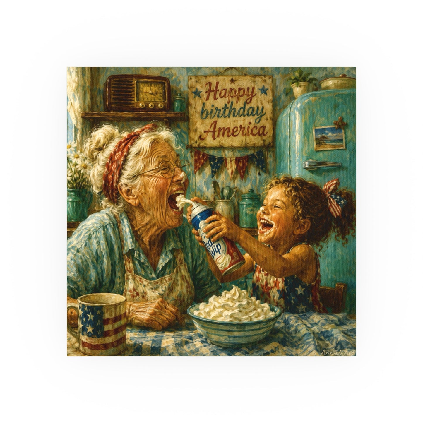 Happy Birthday America Poster — Vintage Grandma & Child Kitchen Art (Satin/Matte)