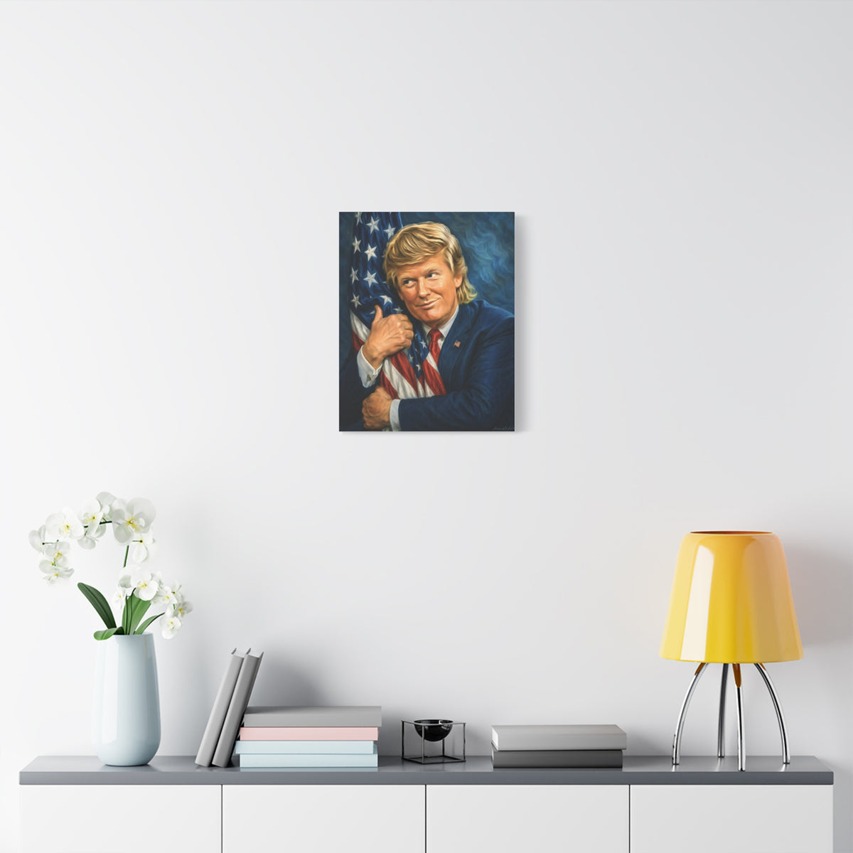 Trump Hugging American Flag— Portrait Canvas