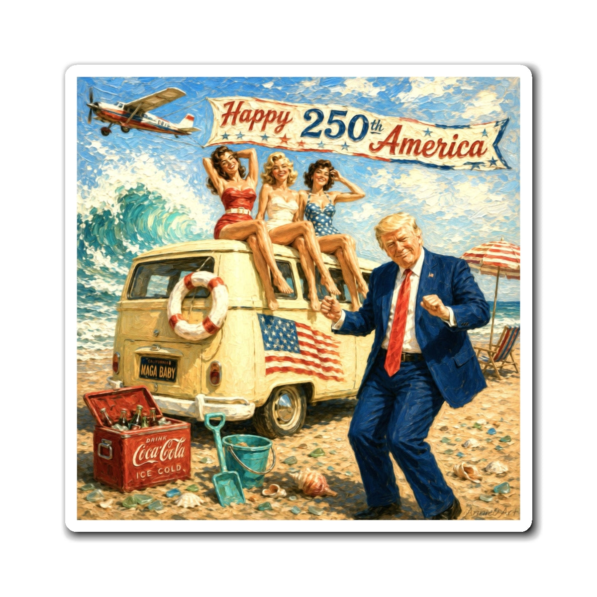 Trump Vintage Patriotic Beach Magnet — "Happy 250th America" Retro Summer Scene