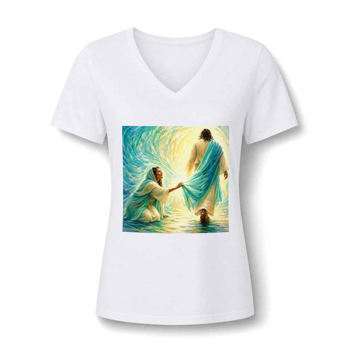 Women's V-Neck Tee — 'He Lifts Us' Christian Inspirational Graphic Shirt