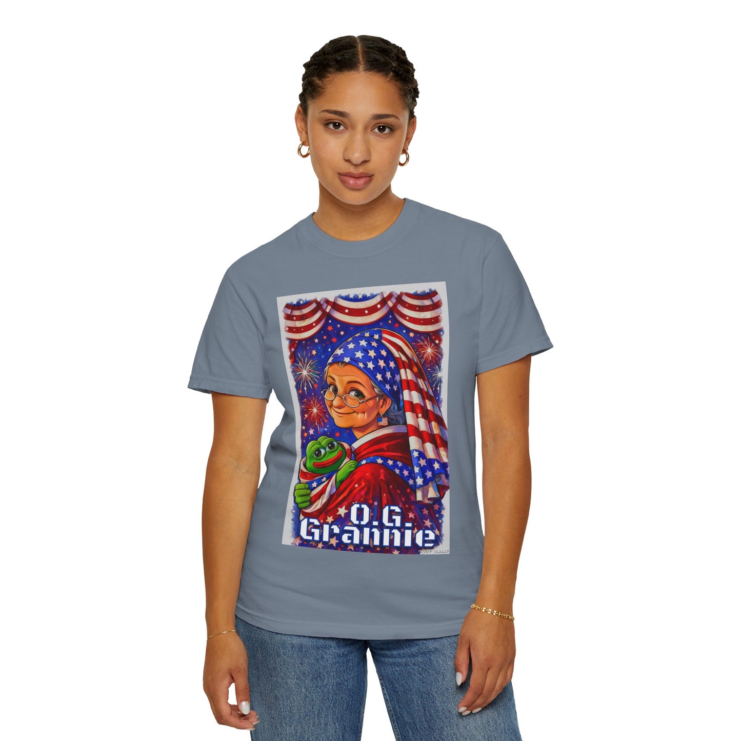 Grandmas Patriotic Original Gansta “OG Grannie” T-Shirt — American Flag Grandma w baby Pepe Graphic Tee