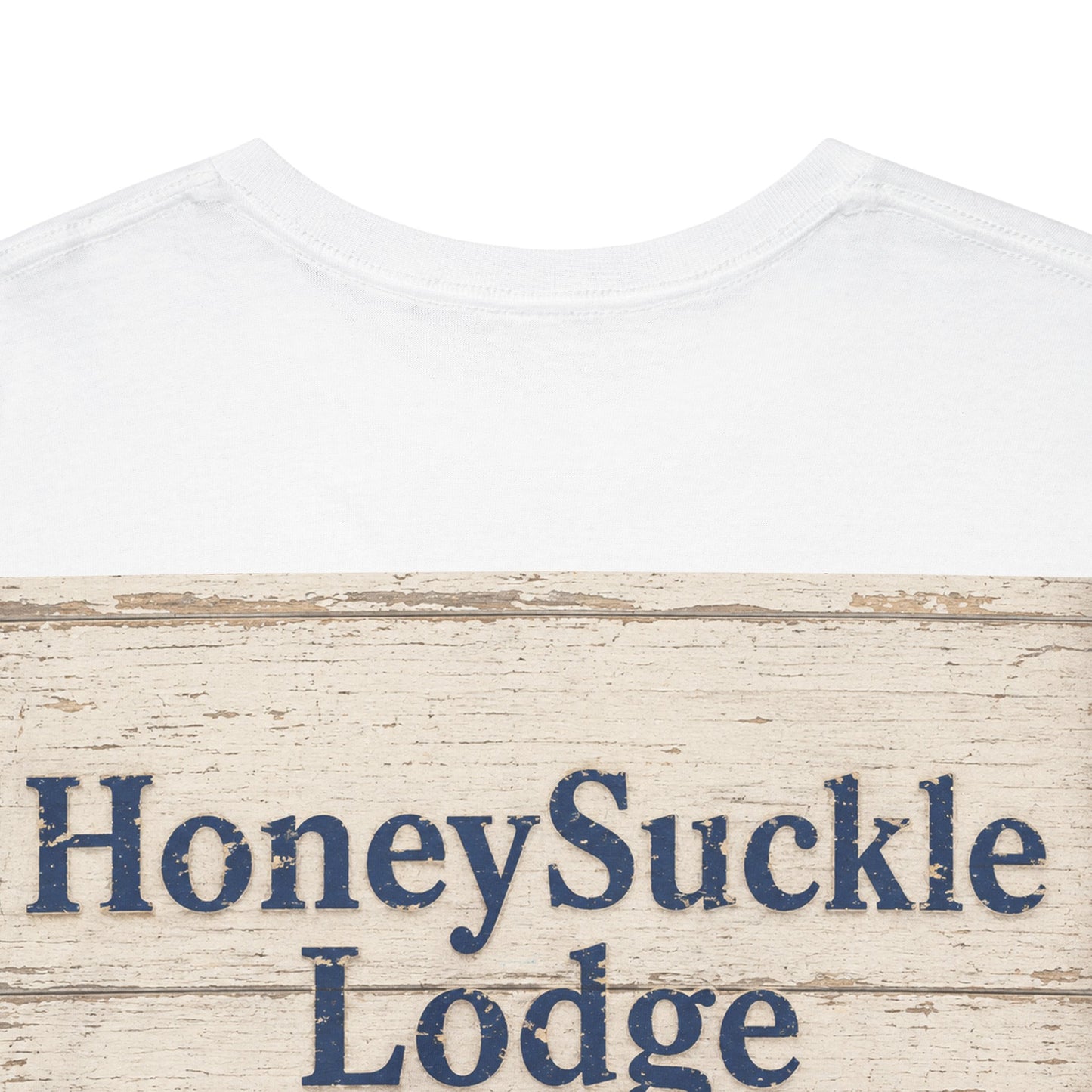 Honeysuckle Lodge Vintage Beach Print tee shirt front/back ("Honeysuckle Lodge - 50+ years of fun in the sun")
