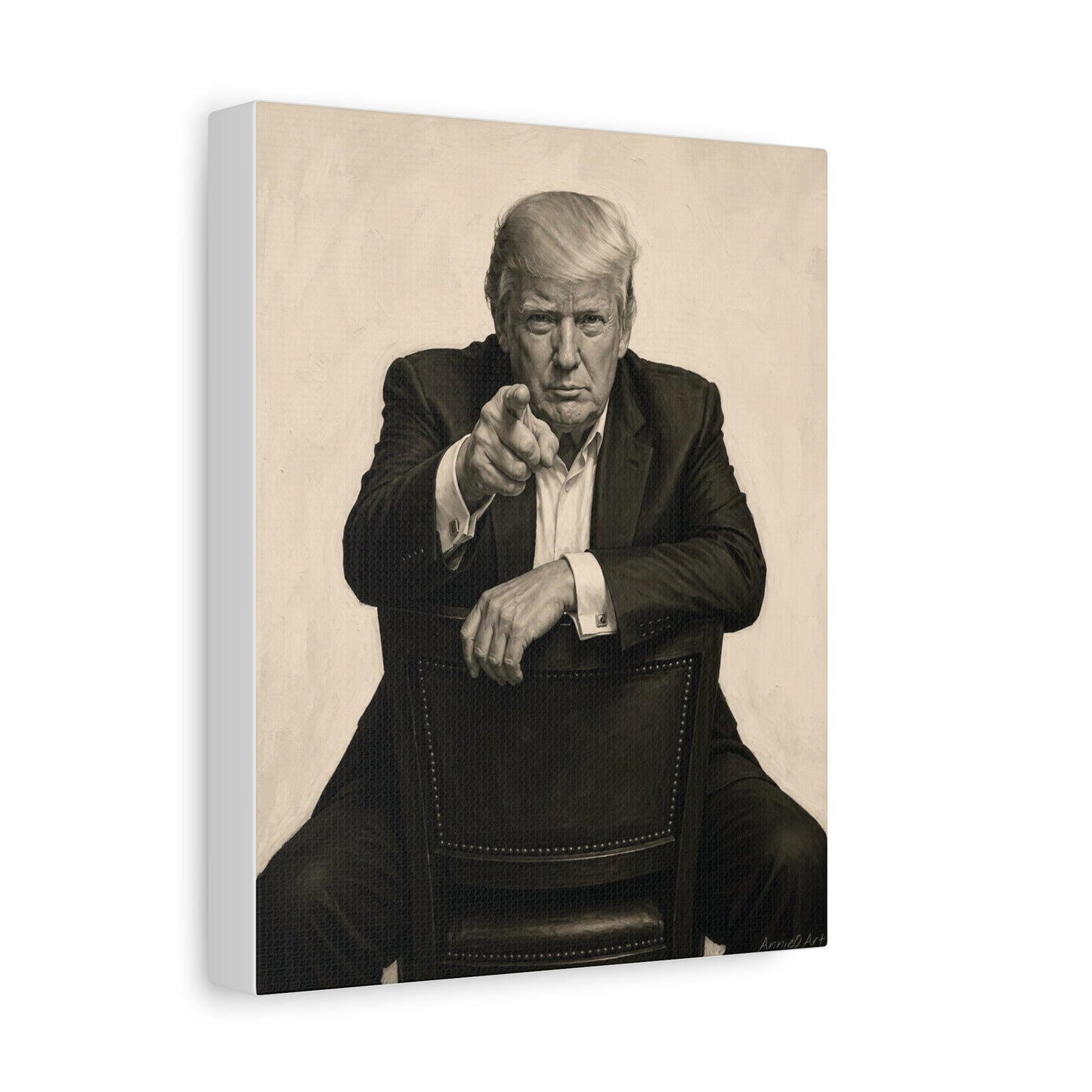 Trump Pointing Portrait Matte Canvas Print — Vintage-Style Seated Figure Wall Art