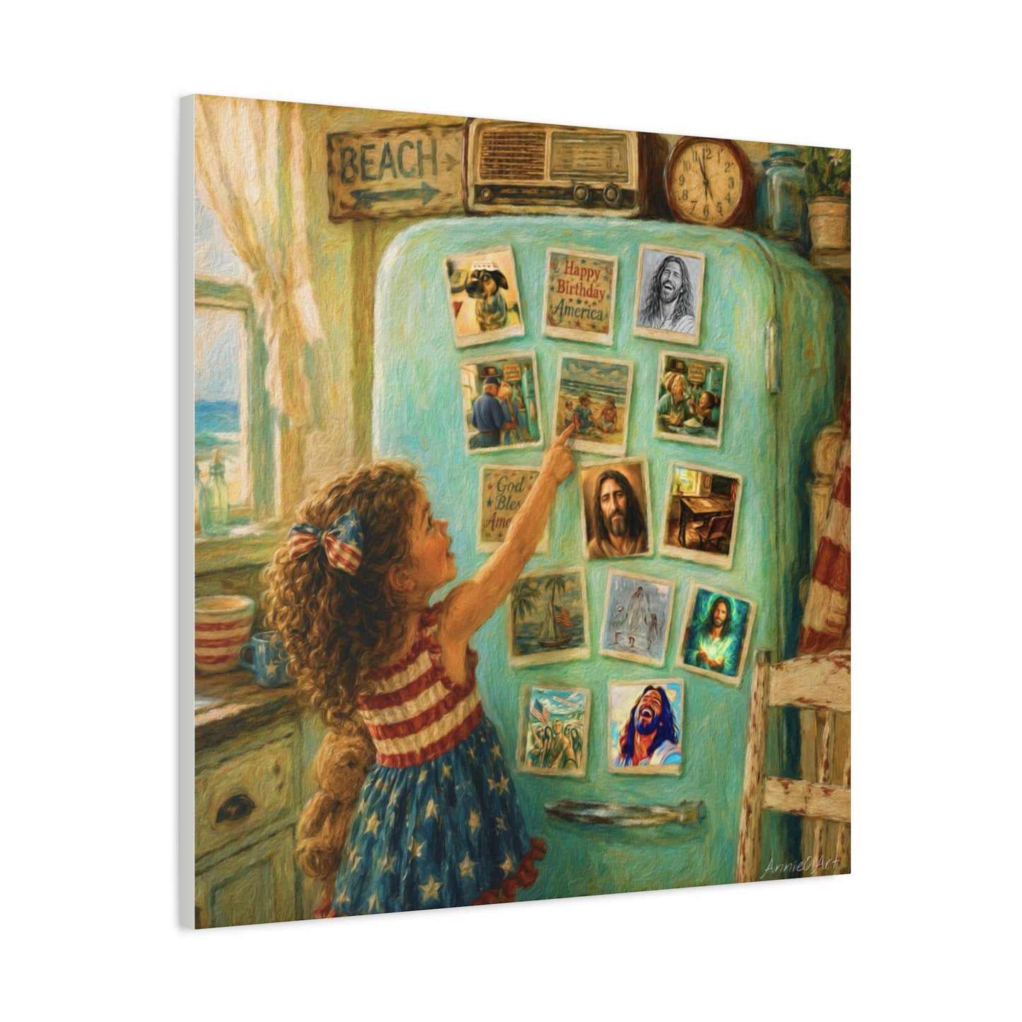 Americana Canvas Wall Art — Little Girl Pointing at Magnets on Vintage Fridge (Matte Stretched)
