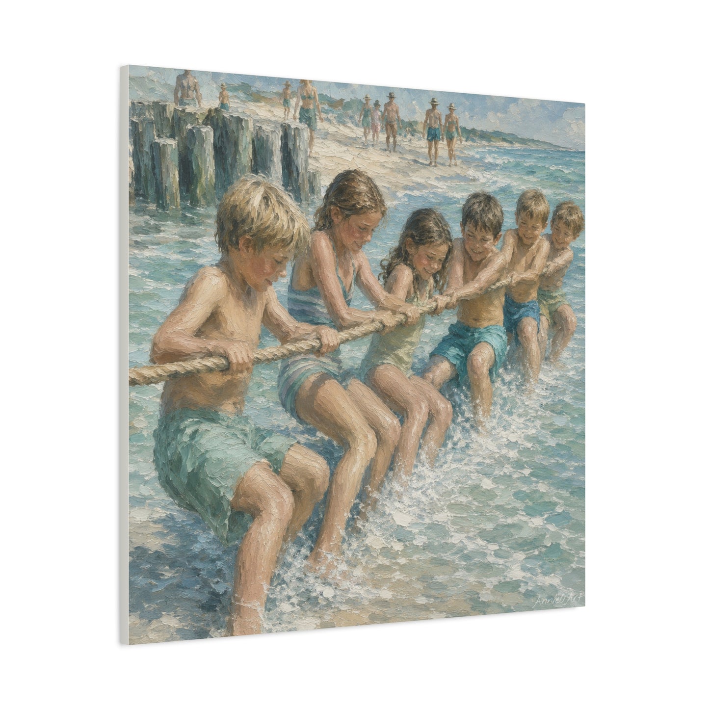 Beach Tug-of-War Matte Canvas Print — Vintage Seaside Children Wall Art