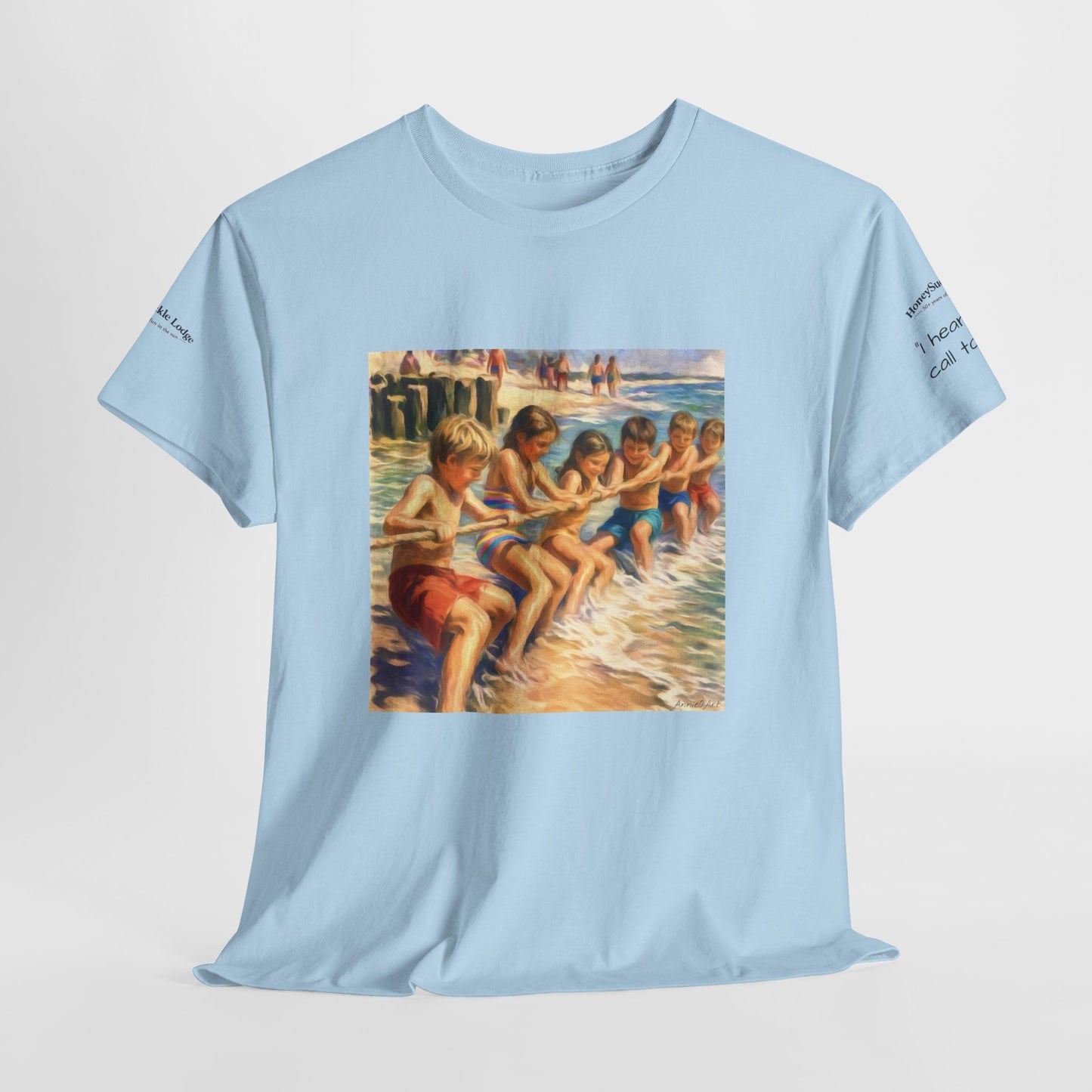 HoneySuckle Lodge Vintage Beach T-Shirt — "50+ years of fun in the sun" Retro Kids on Shore Design