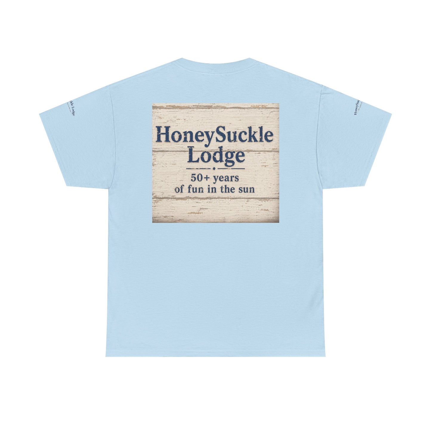Honeysuckle Lodge Vintage Beach Print tee shirt front/back ("Honeysuckle Lodge - 50+ years of fun in the sun")