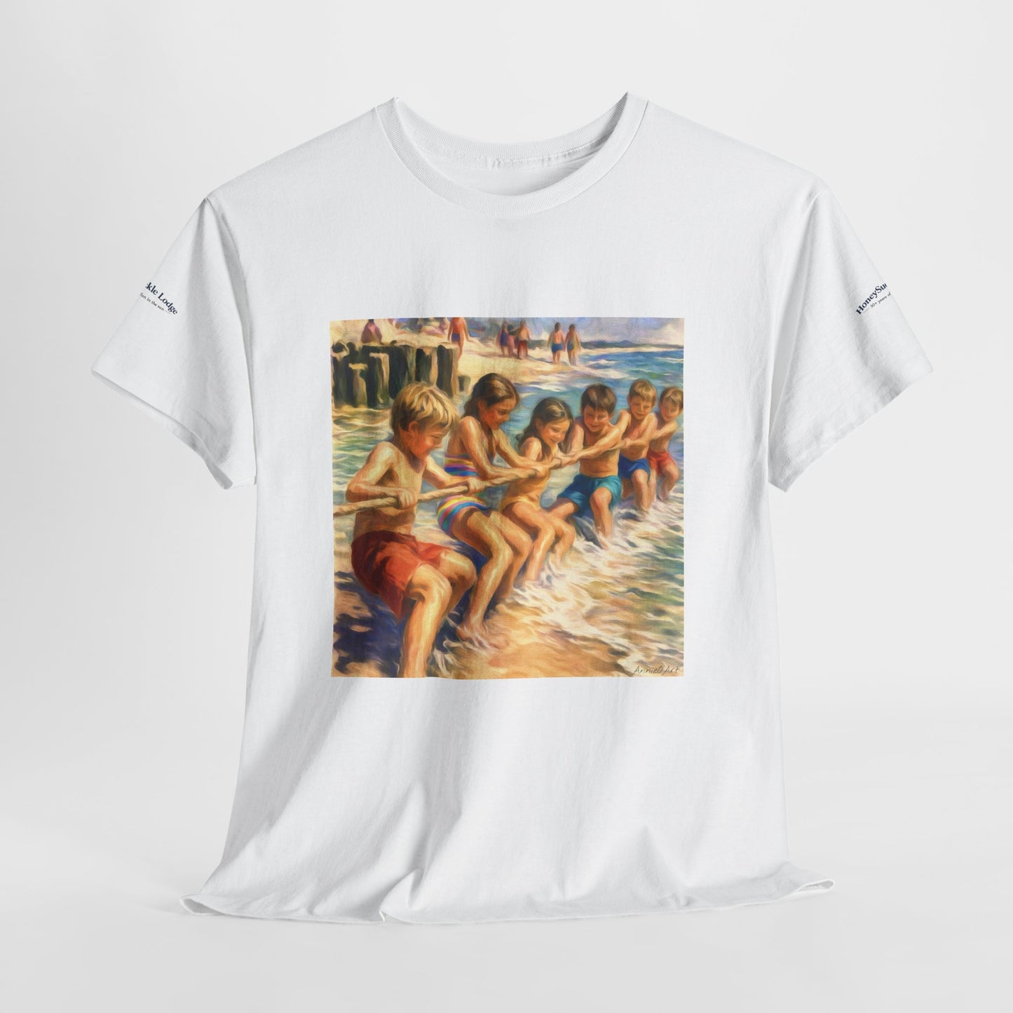 Honeysuckle Lodge Vintage Beach Print tee shirt front/back ("Honeysuckle Lodge - 50+ years of fun in the sun")