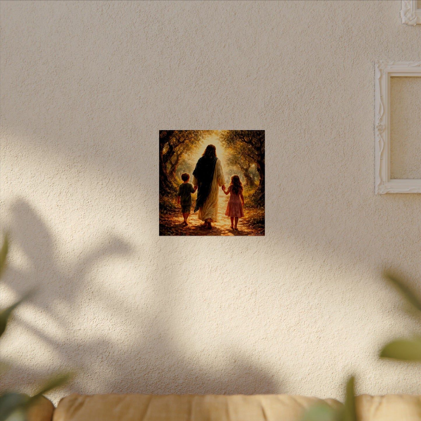 Jesus Walking with Children Watercolor Poster — Textured Matte Wall Art
