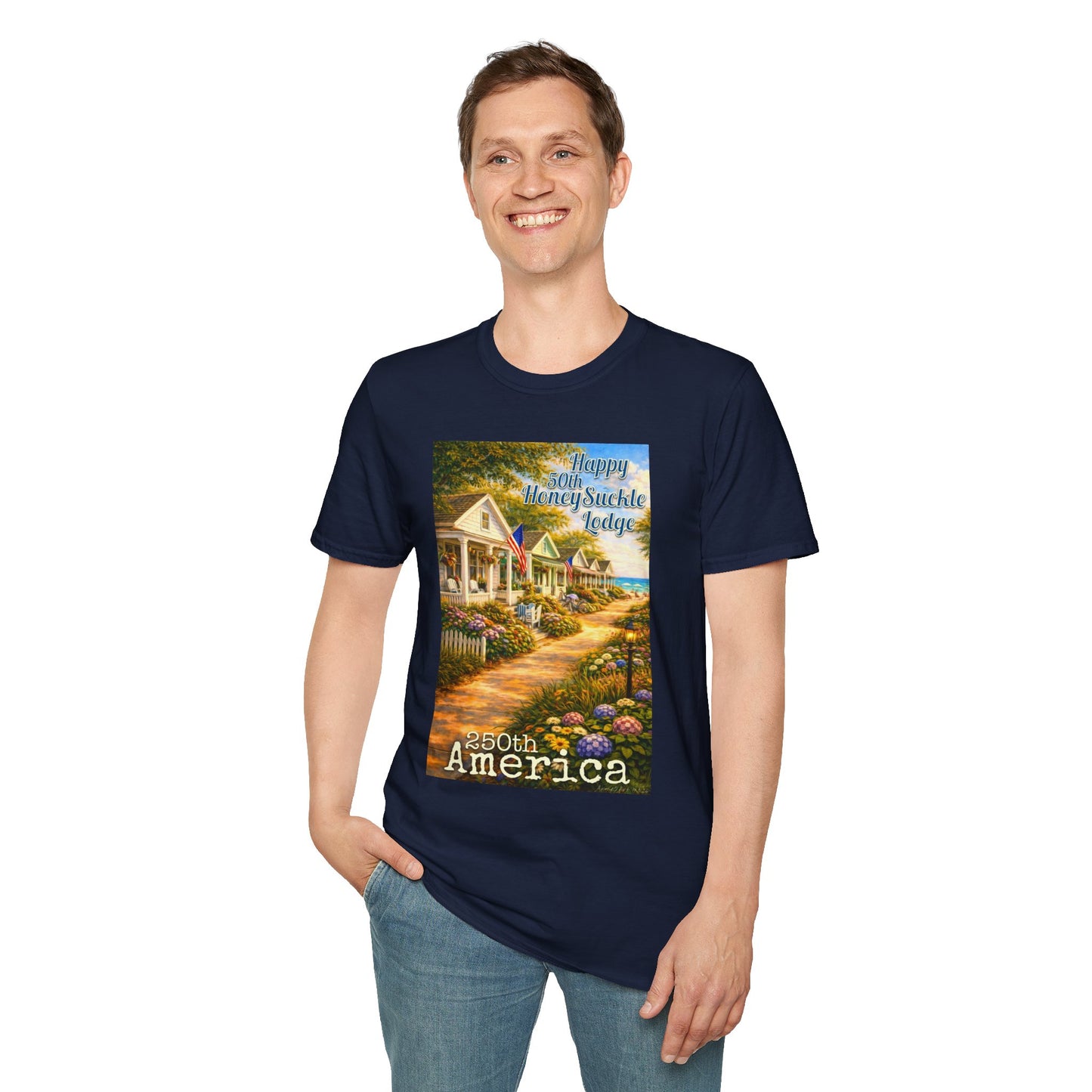 HoneySuckle Lodge 50th—America 250th Bungalow Path T-Shirt —Front & Back Design- Happy 250th Anniversary USA Patriotic Tee