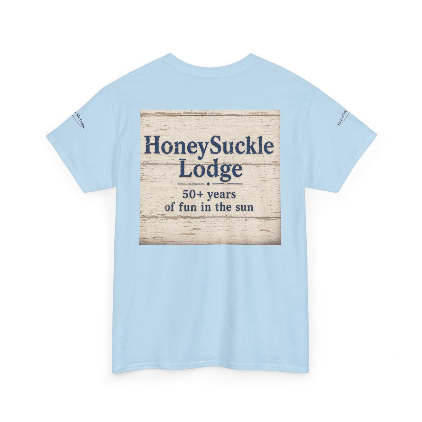 Honeysuckle Lodge Vintage Beach Print tee shirt front/back ("Honeysuckle Lodge - 50+ years of fun in the sun")