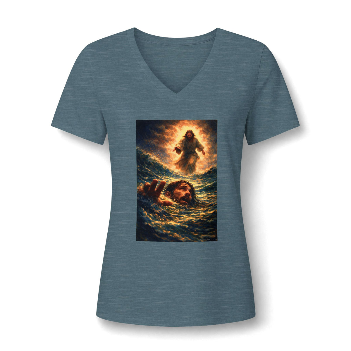V-Neck Tee -Jesus Saving Peter—Walking on Water Christian Graphic Shirt