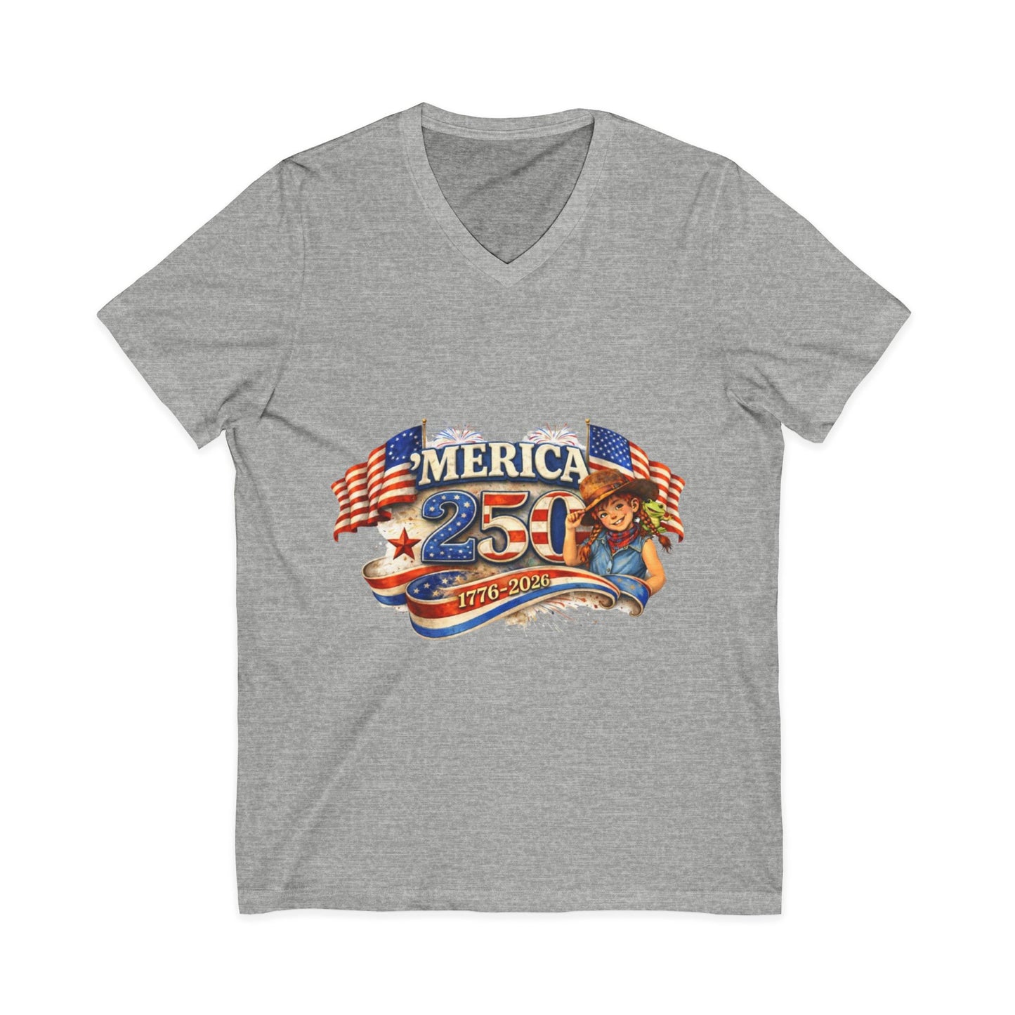250th America Patriotic V-Neck Tee — 1776–2026 Anniversary Flag Design