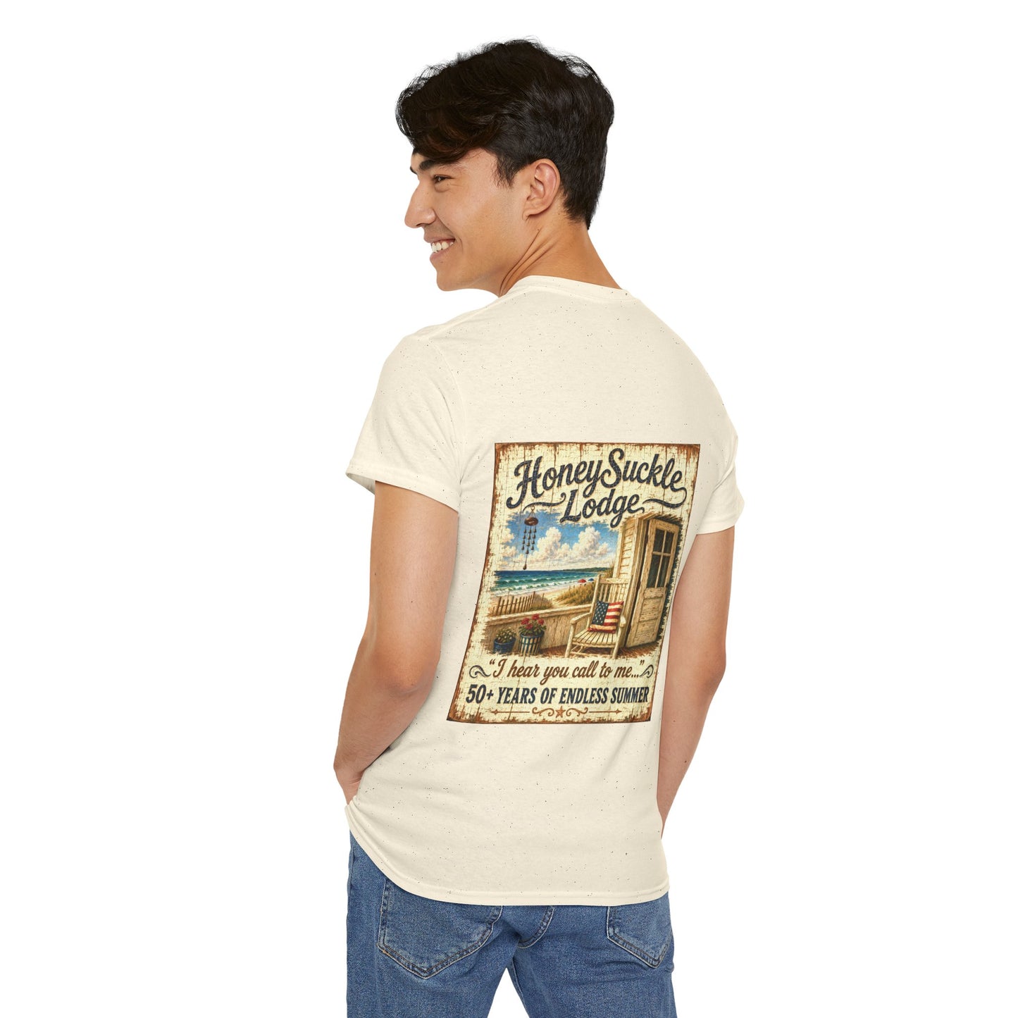 Vintage Beach T‑Shirt — 'Honeysuckle Lodge: 50+ Years of Endless Summer' Retro Seaside Tee