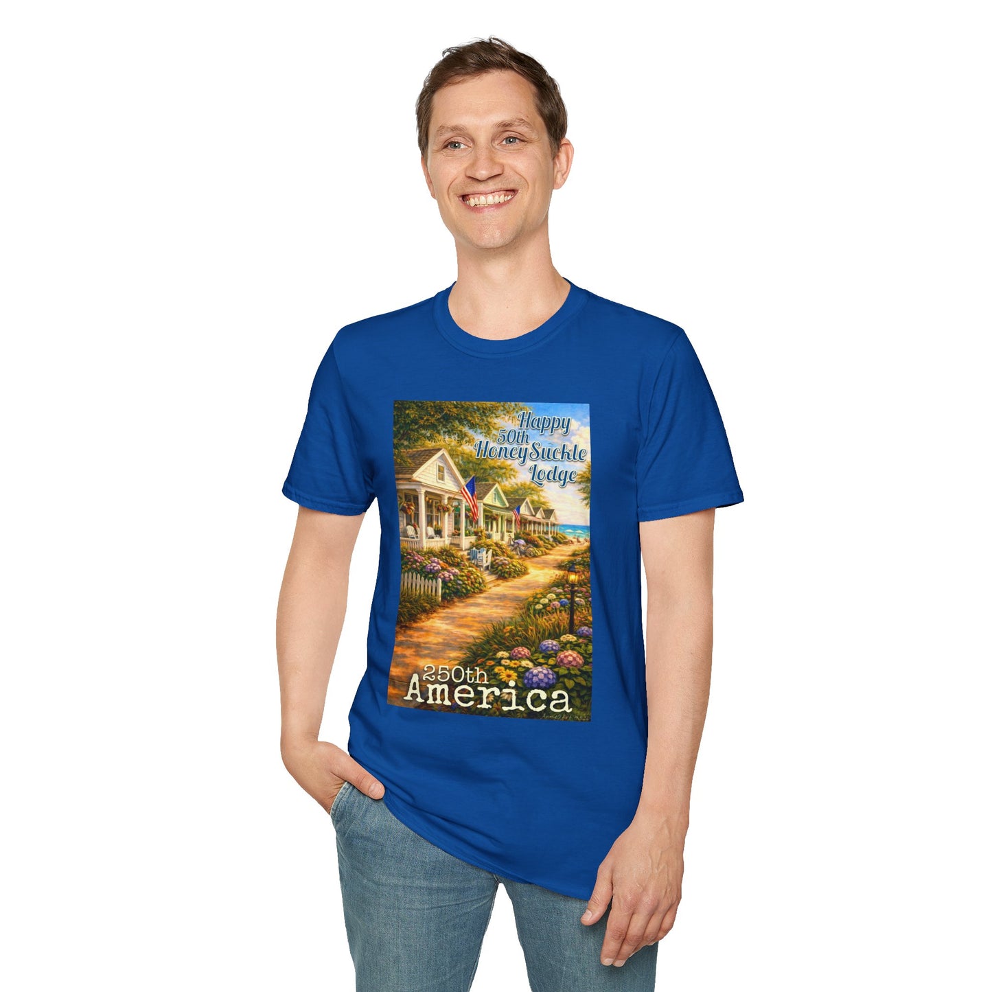 HoneySuckle Lodge 50th—America 250th Bungalow Path T-Shirt —Front & Back Design- Happy 250th Anniversary USA Patriotic Tee