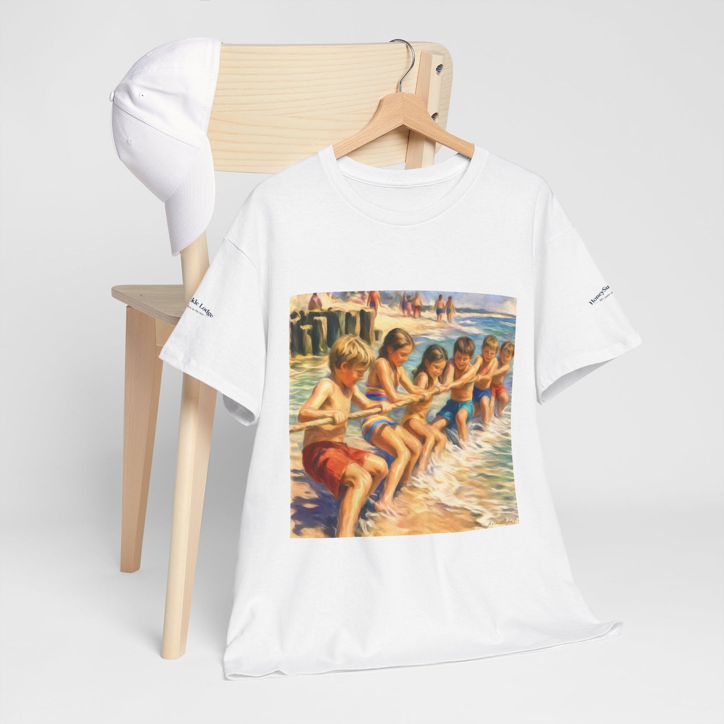 Honeysuckle Lodge Vintage Beach Print tee shirt front/back ("Honeysuckle Lodge - 50+ years of fun in the sun")