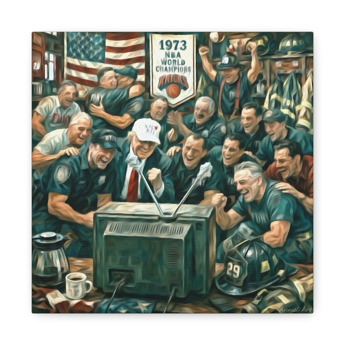 Trump Watching Knicks Game w/ FDNY &NYPD (Knicks 1973 Banner)