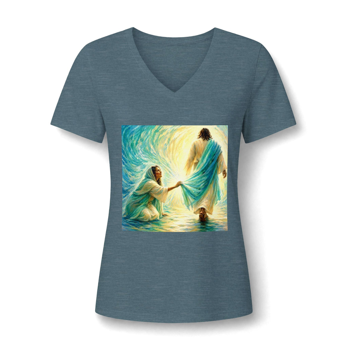 Women's V-Neck Tee — 'He Lifts Us' Christian Inspirational Graphic Shirt