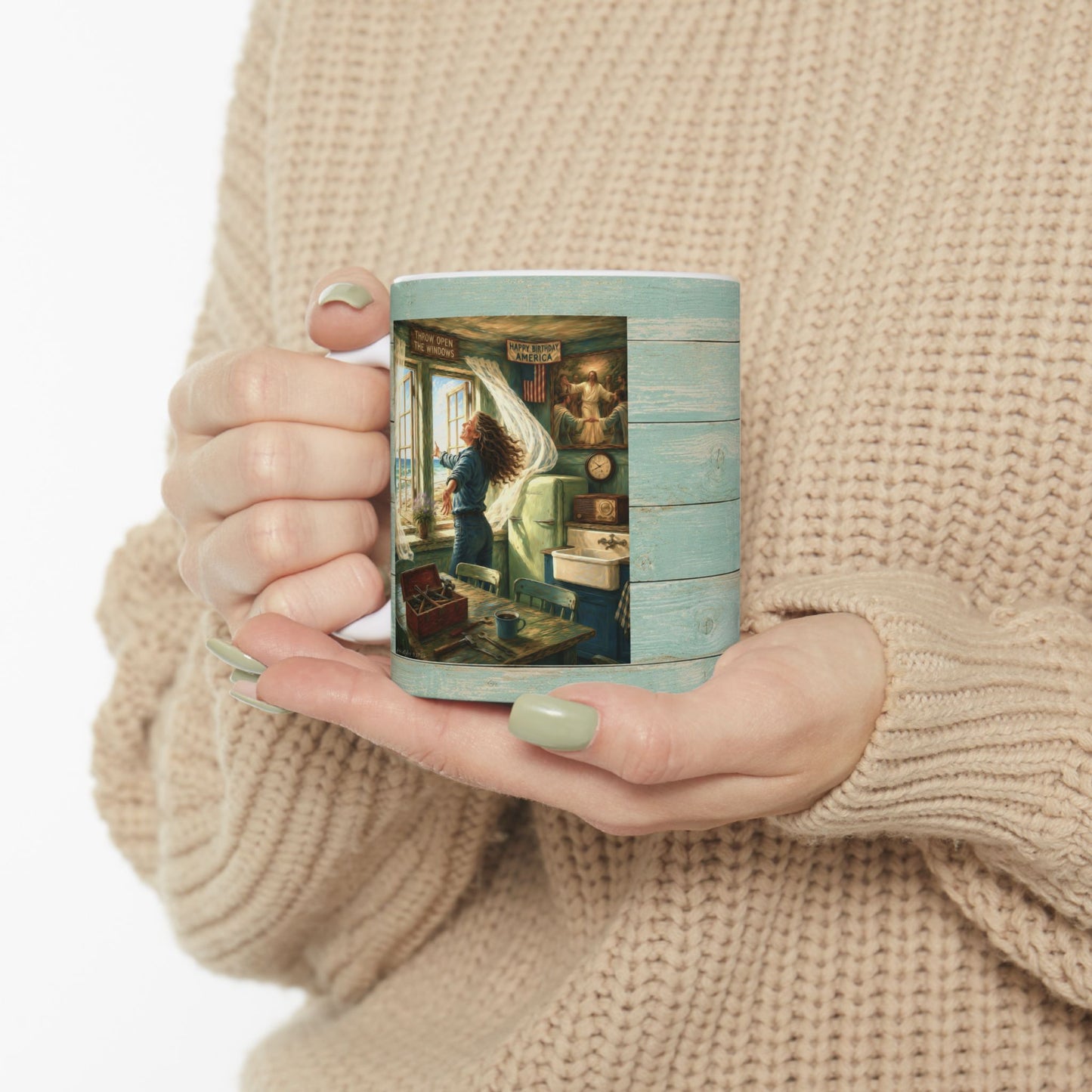 Coastal Vintage Beach Cottage Ceramic Mug — Seaside Window & Shells Design (11oz/15oz)