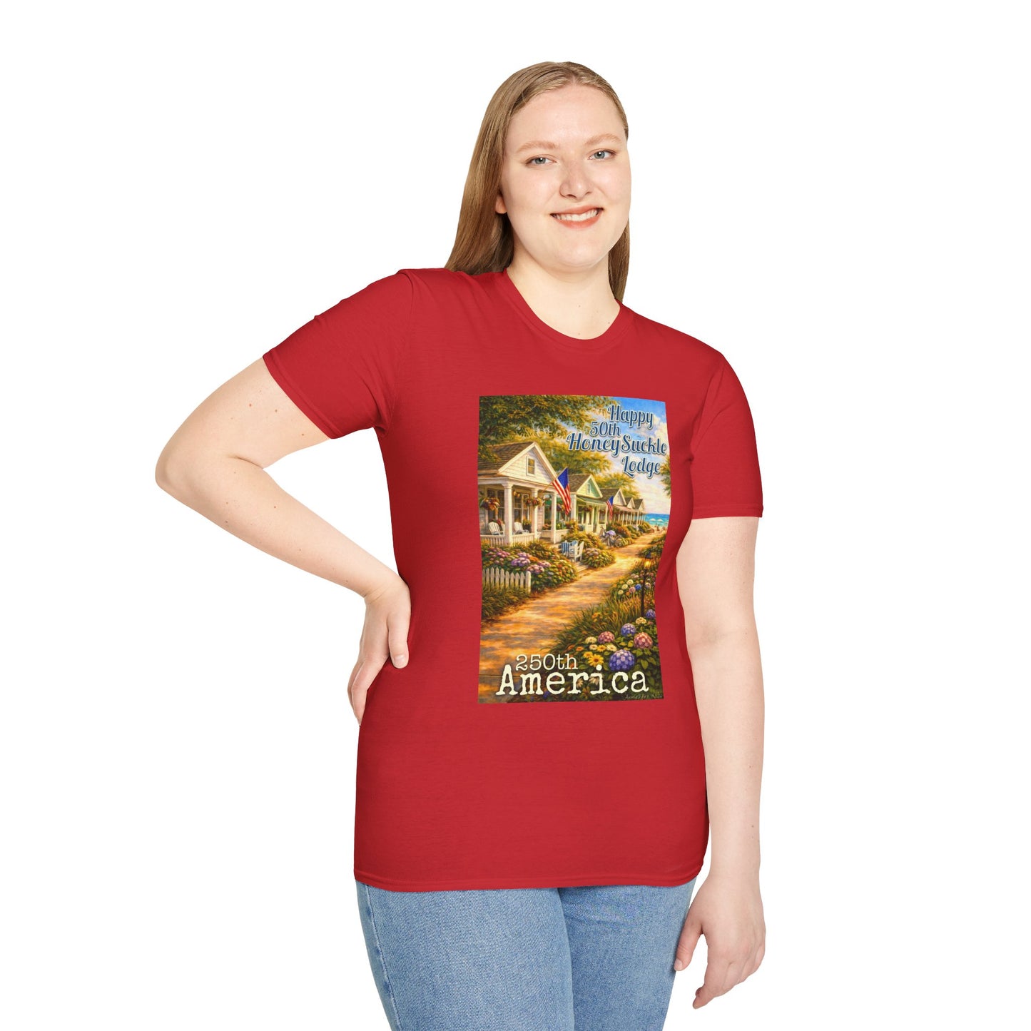 HoneySuckle Lodge 50th—America 250th Bungalow Path T-Shirt —Front & Back Design- Happy 250th Anniversary USA Patriotic Tee