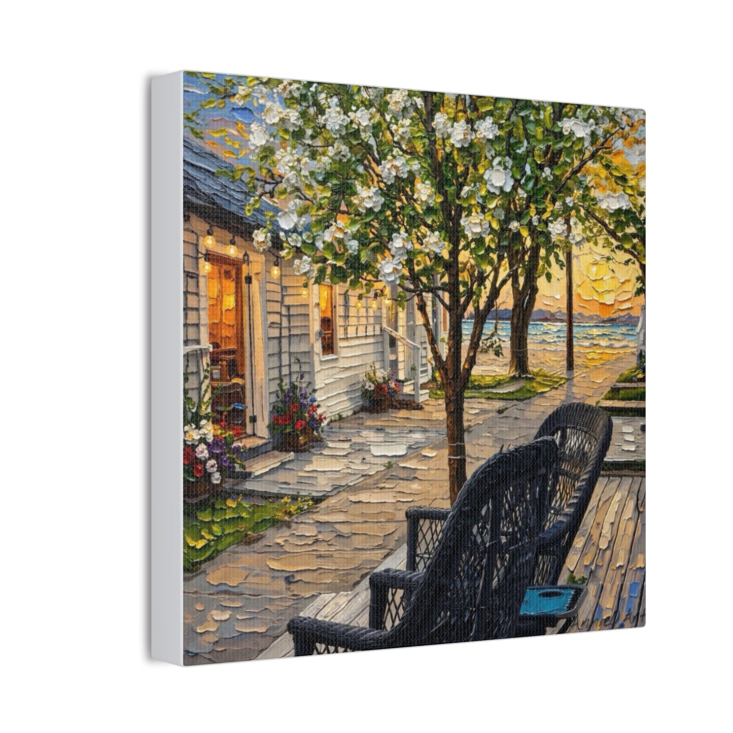 Bungalow Porch Canvas Wall Art — Sunny Cottage Sunset Stretched Canvas