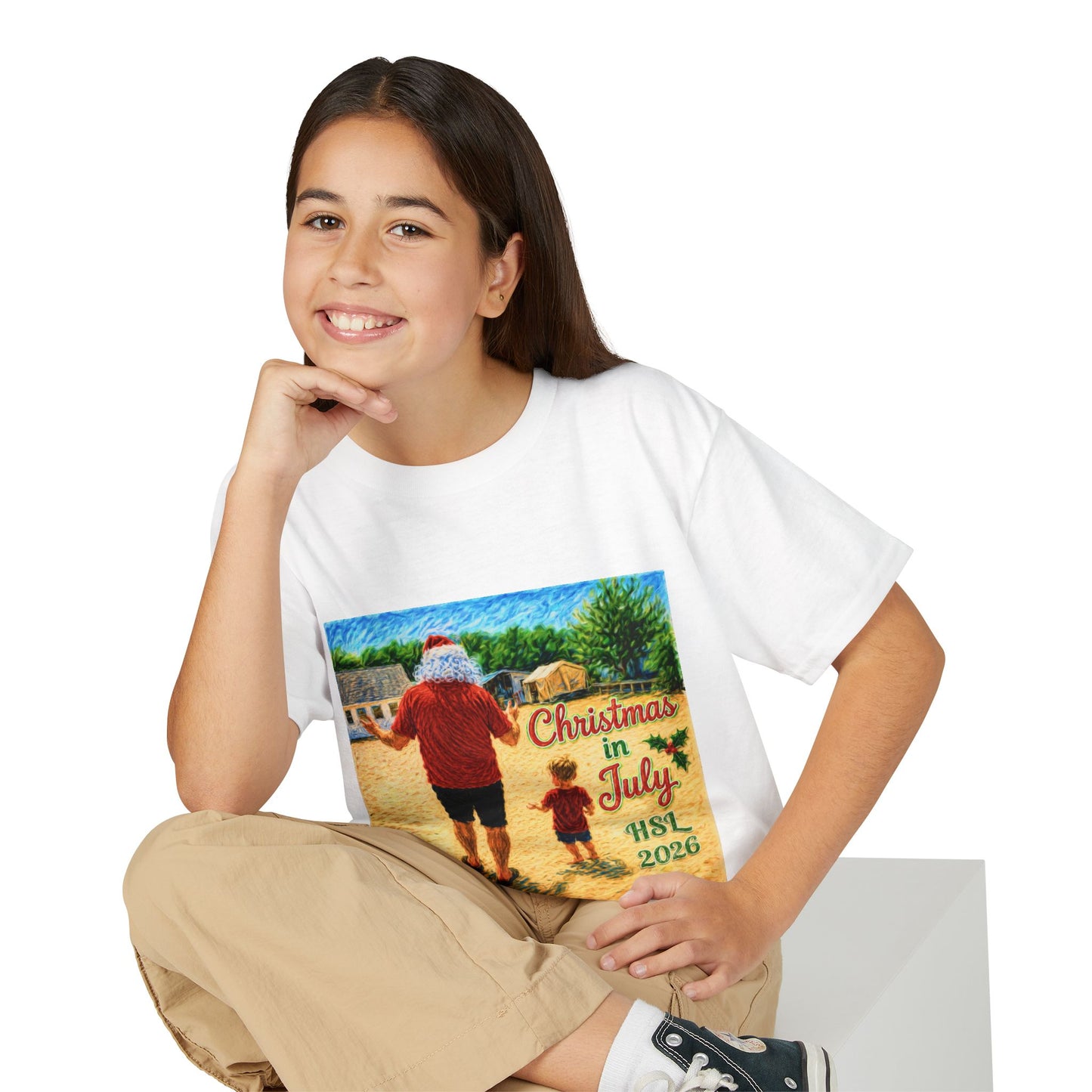 Youth T-Shirt — "Christmas in July" Beach Santa Kids Tee (HSL 2026)