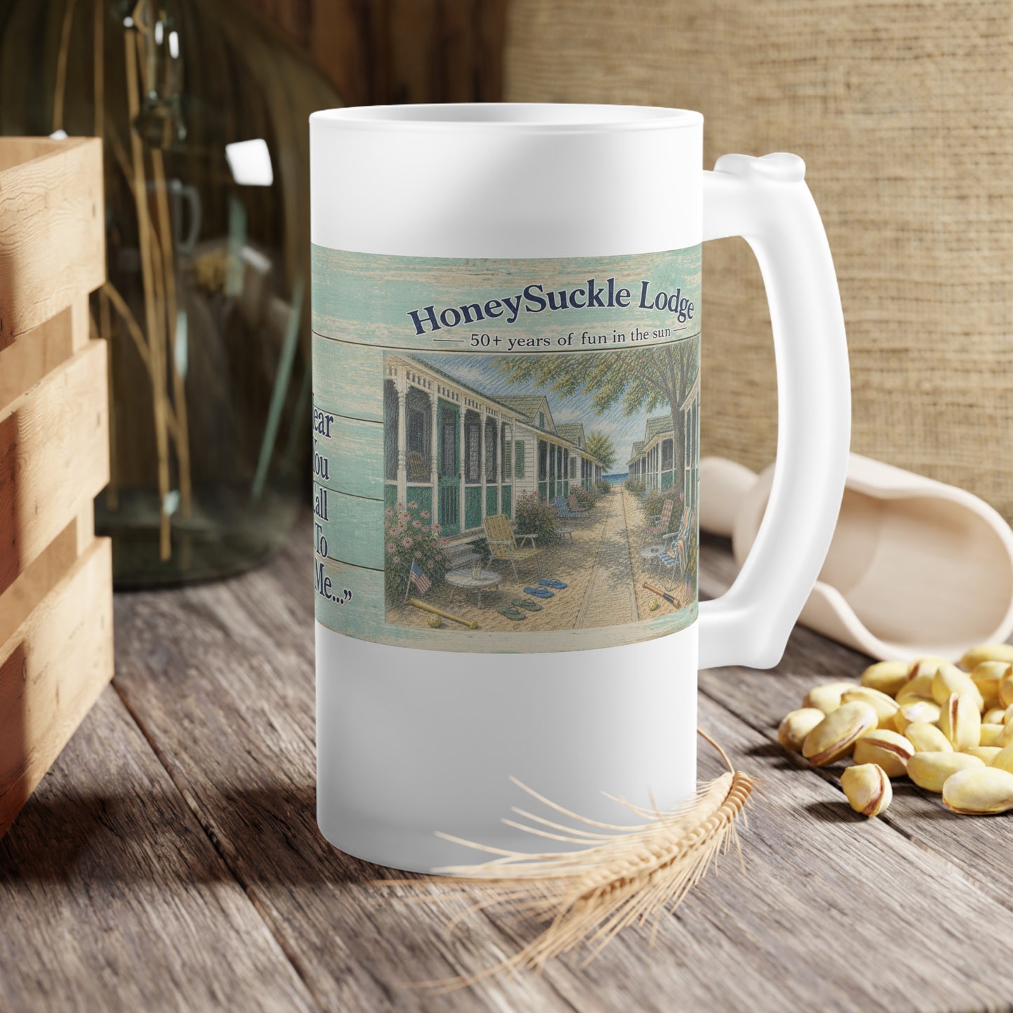 HSL Frosted Glass Beer Mug — "I Hear You Call To Me" Vintage Coastal Pub Stein