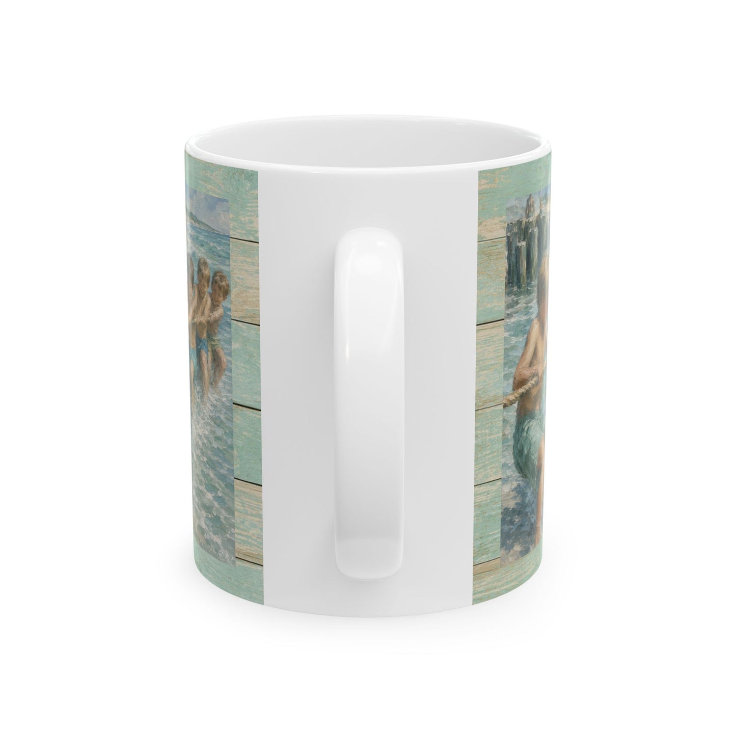Beach Vintage-style Ceramic Mug – Tug-of-War by the Sea (11oz, 15oz)