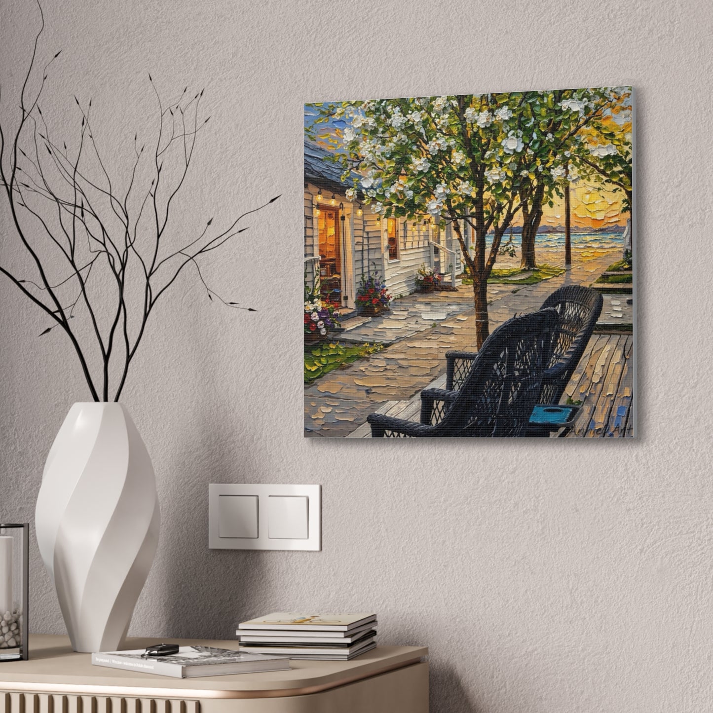 Bungalow Porch Canvas Wall Art — Sunny Cottage Sunset Stretched Canvas