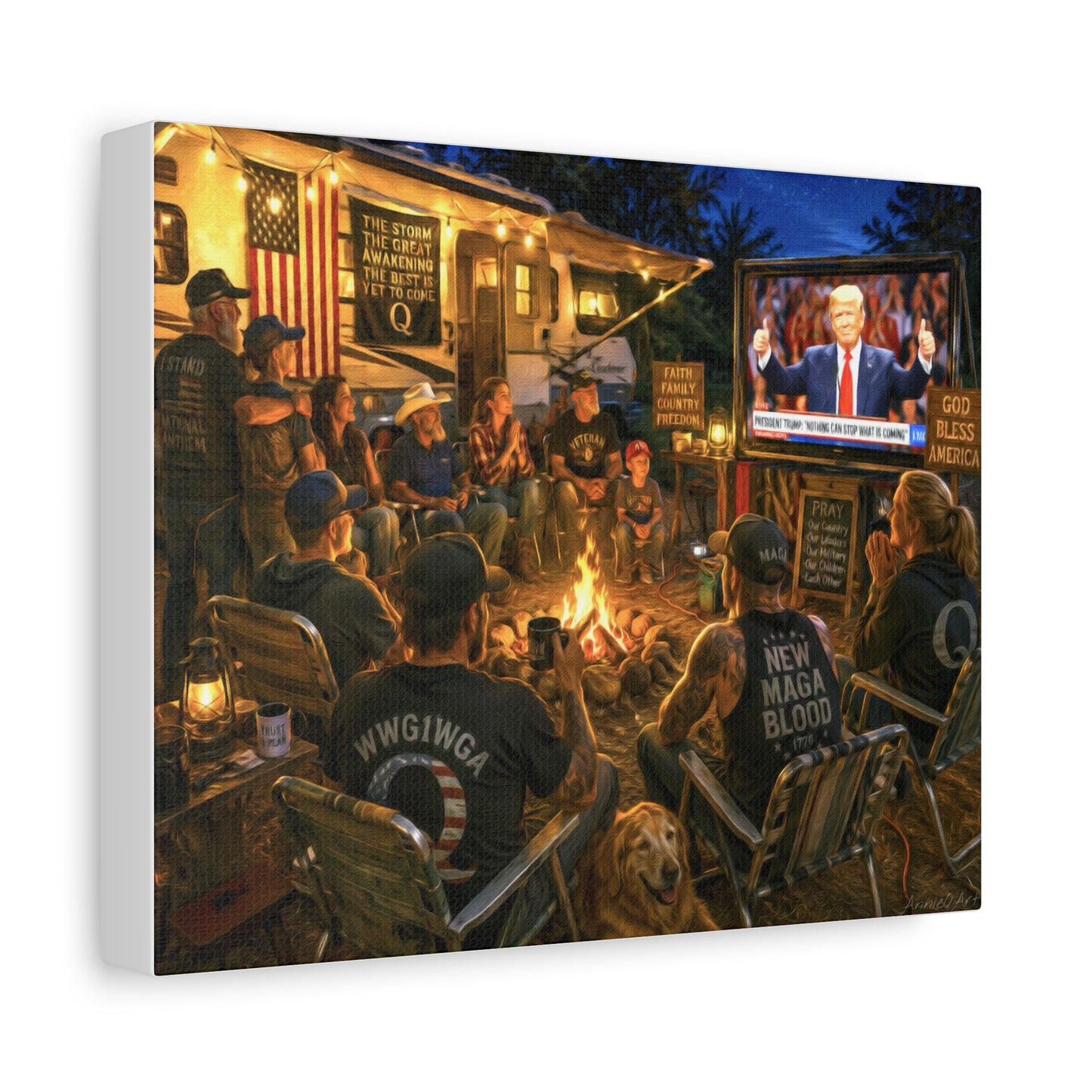God Bless America—Campfire Scene Matte Canvas Wall Art - Patriotic RV Gathering with Trump TV—MAGA—WWG1WGA