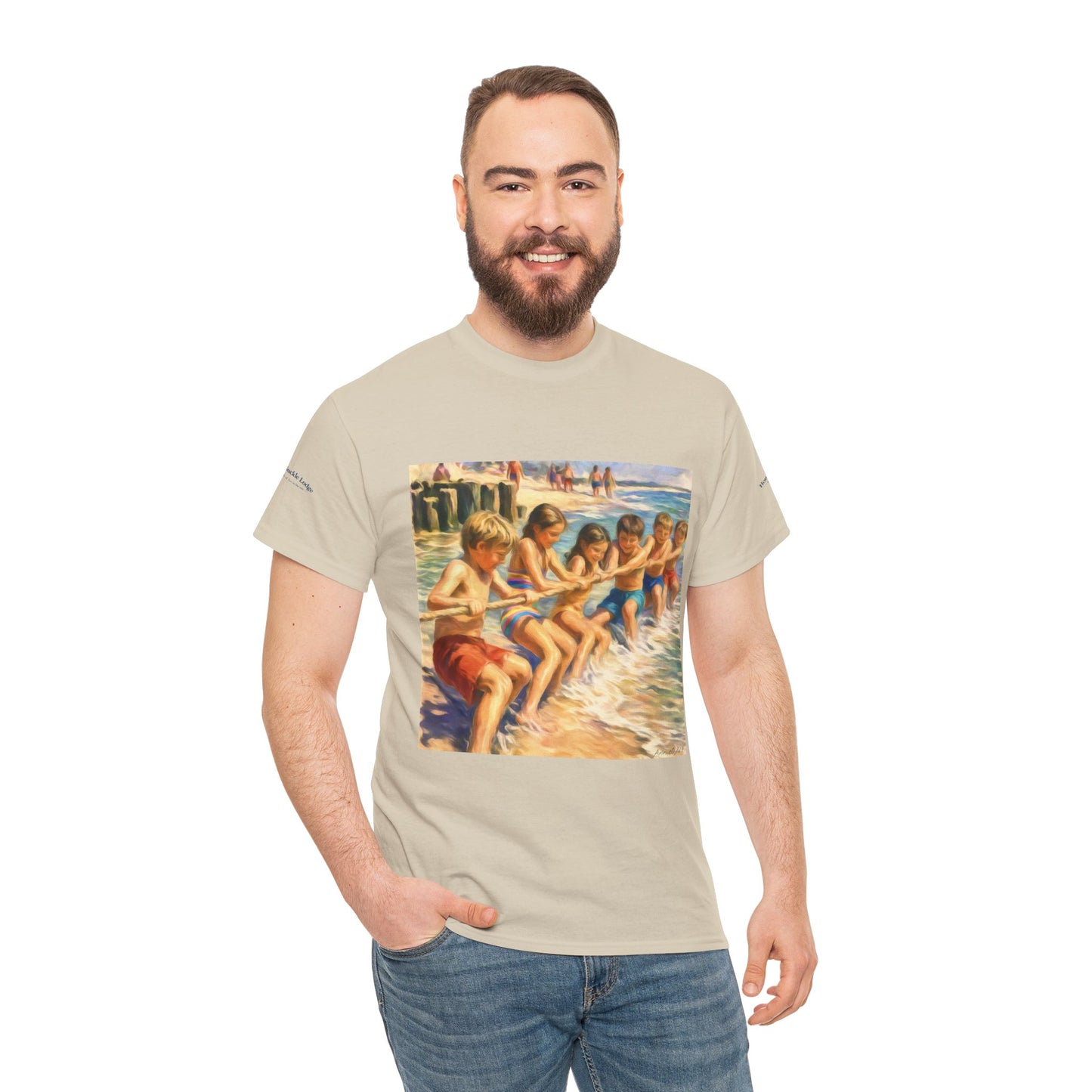 Honeysuckle Lodge Vintage Beach Print tee shirt front/back ("Honeysuckle Lodge - 50+ years of fun in the sun")