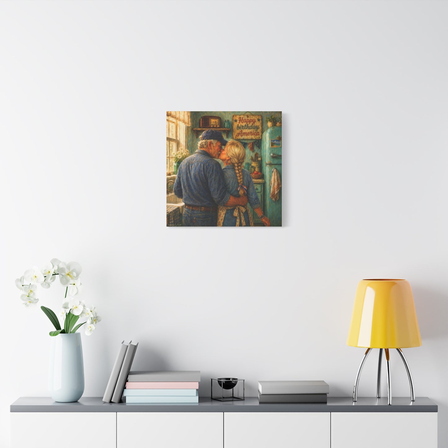 Patriotic Country Kitchen Canvas - "Happy Birthday America" Rustic Couple Wall Art