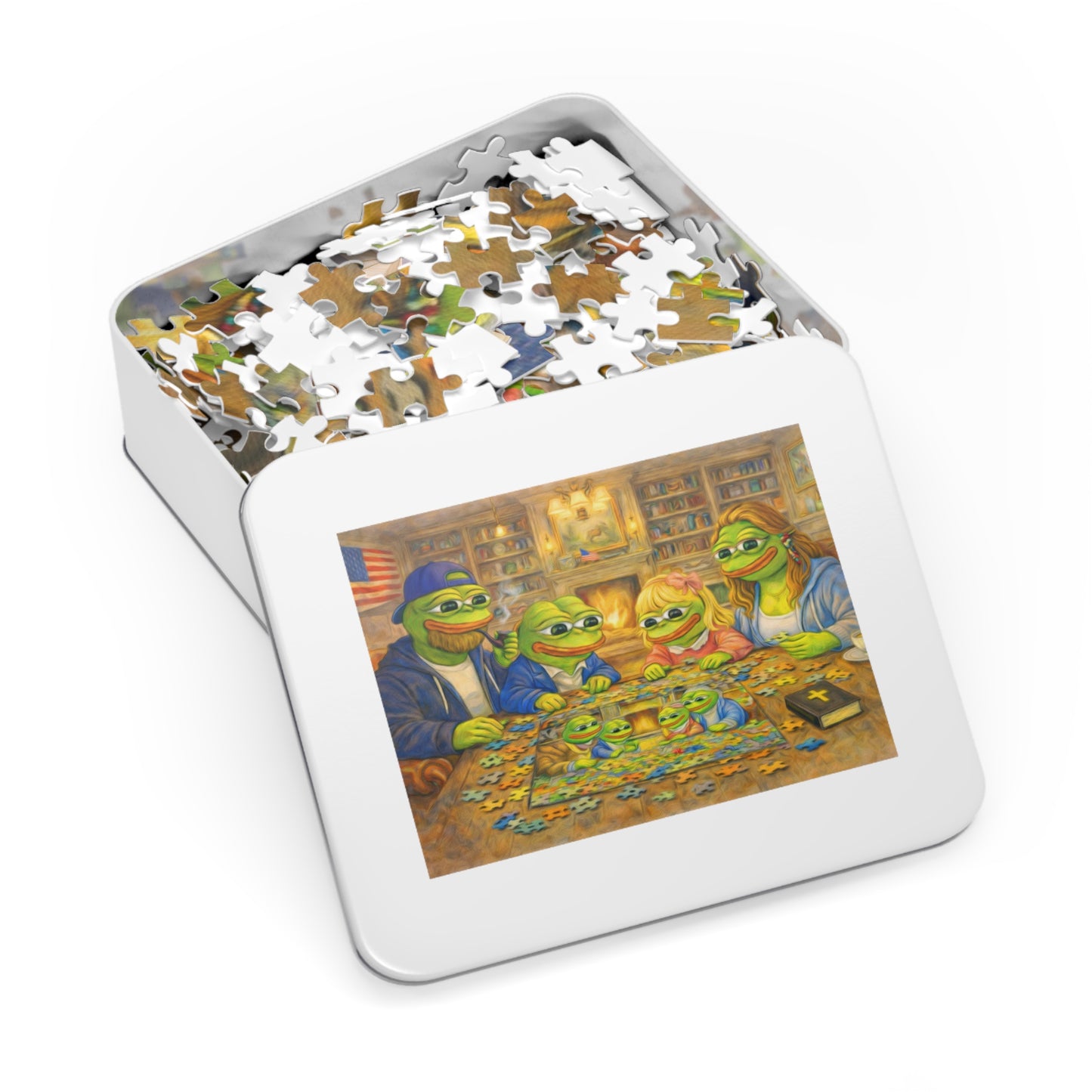 Family Game Night Jigsaw Puzzle with Tin — Cozy Cabin Pepe Frog Scene