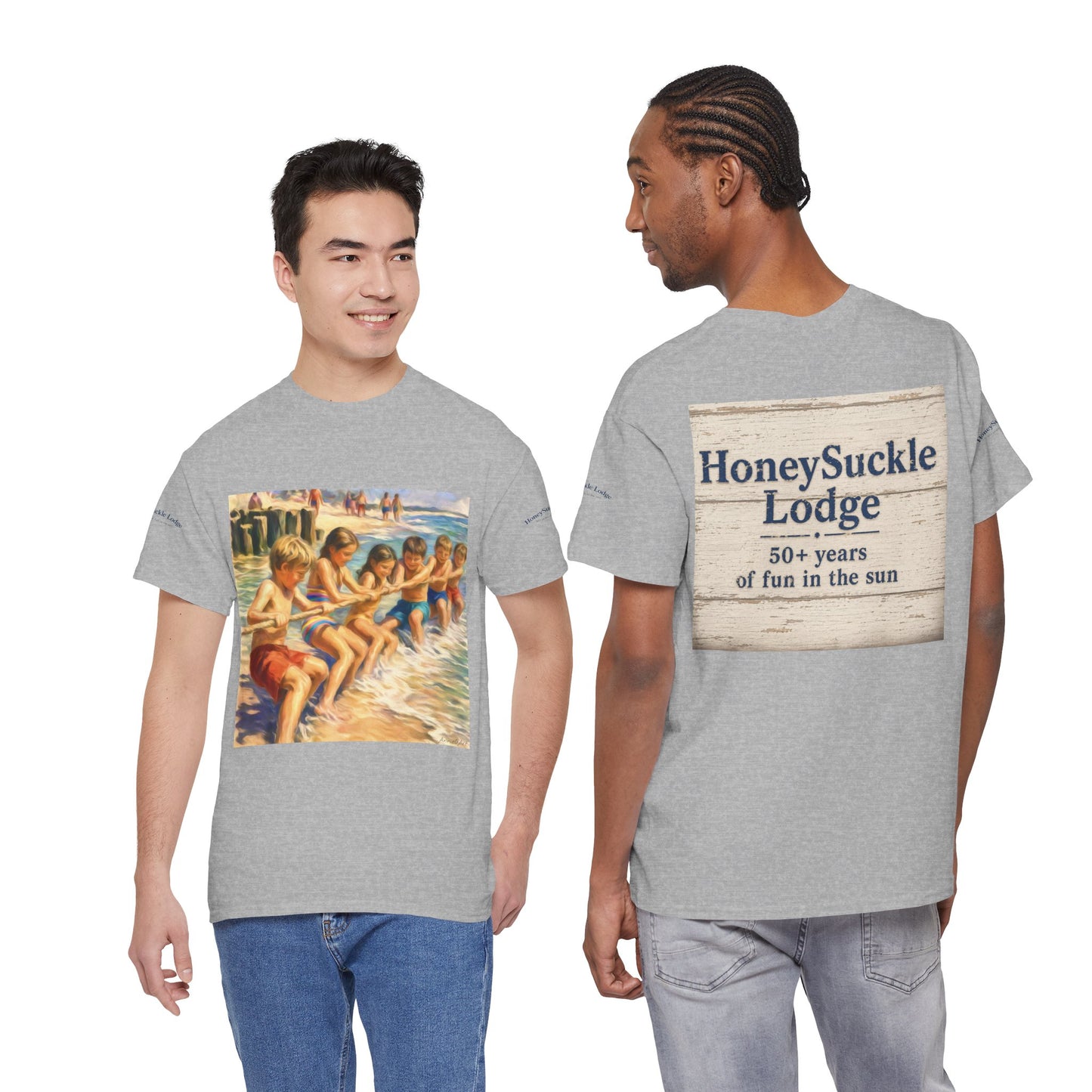 Honeysuckle Lodge Vintage Beach Print tee shirt front/back ("Honeysuckle Lodge - 50+ years of fun in the sun")